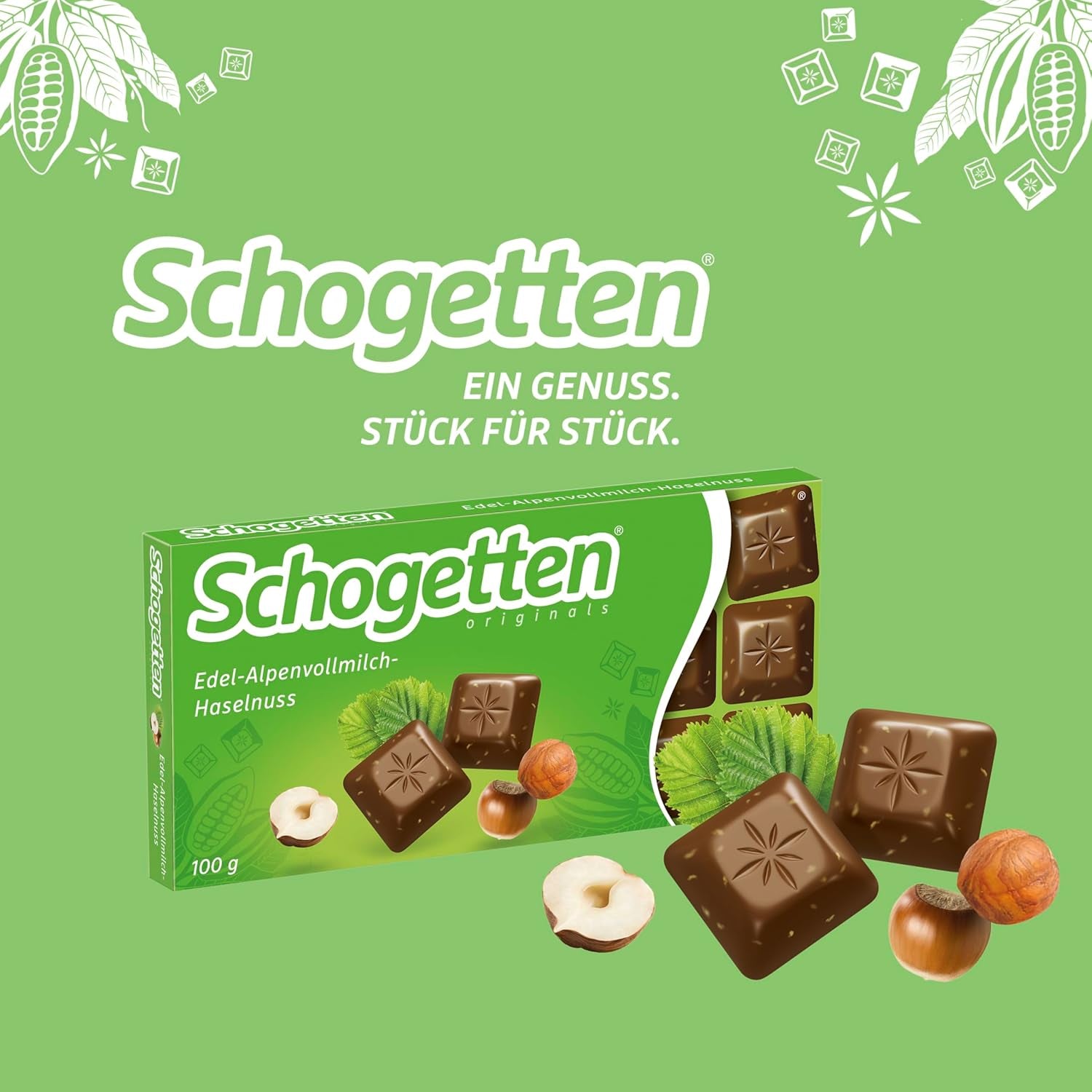Schogetten Premium Cioccolato al latte alpino con nocciole, tavoletta di cioccolato da 100 g, porzionato individualmente. Una delizia. Pezzo per pezzo.