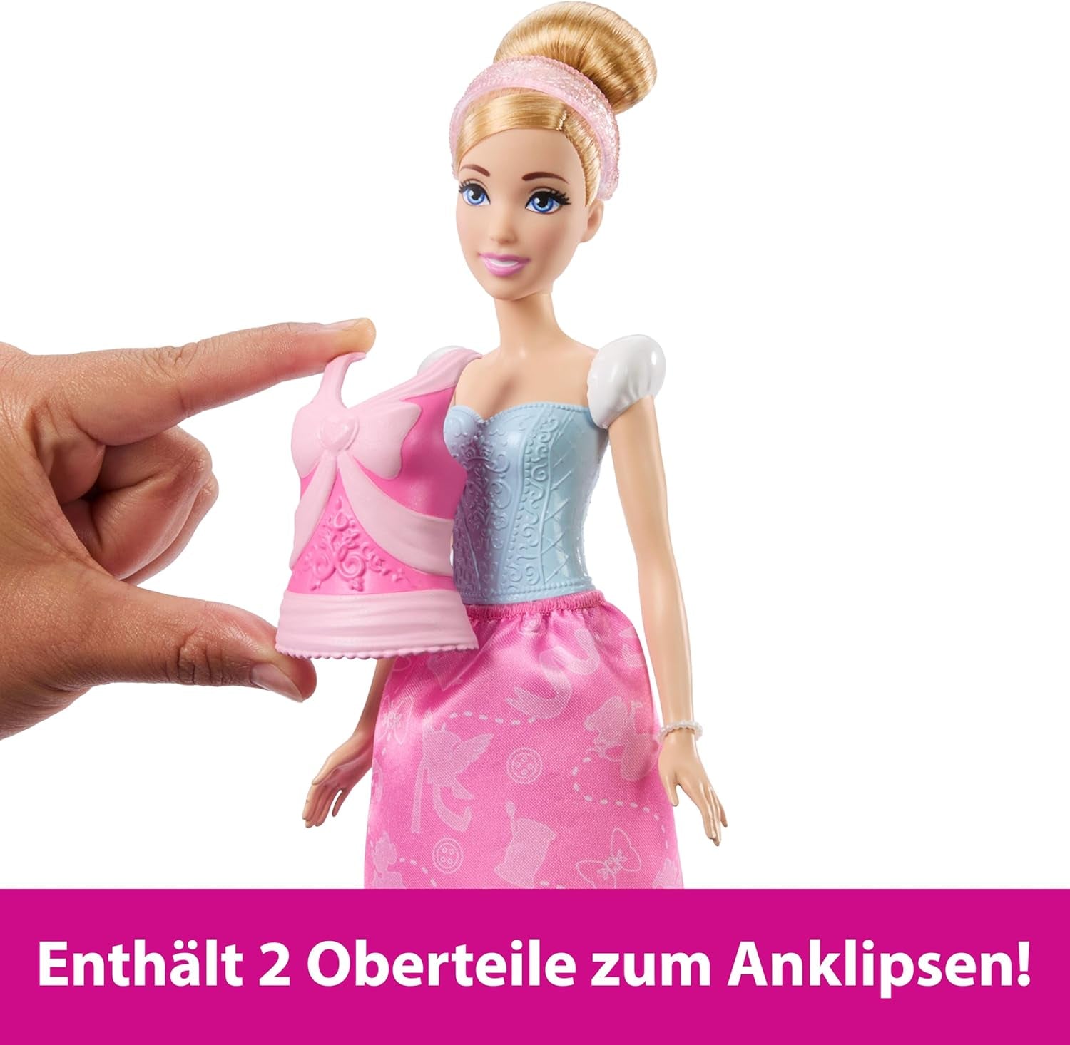 Jucării Mattel Disney Princess, păpușă Cenușăreasa la modă cu 2 ținute, 9 accesorii, 2 topuri cu clipsuri și 2 fuste. Povești 2 în 1 inspirate din filmul Disney, JCR95