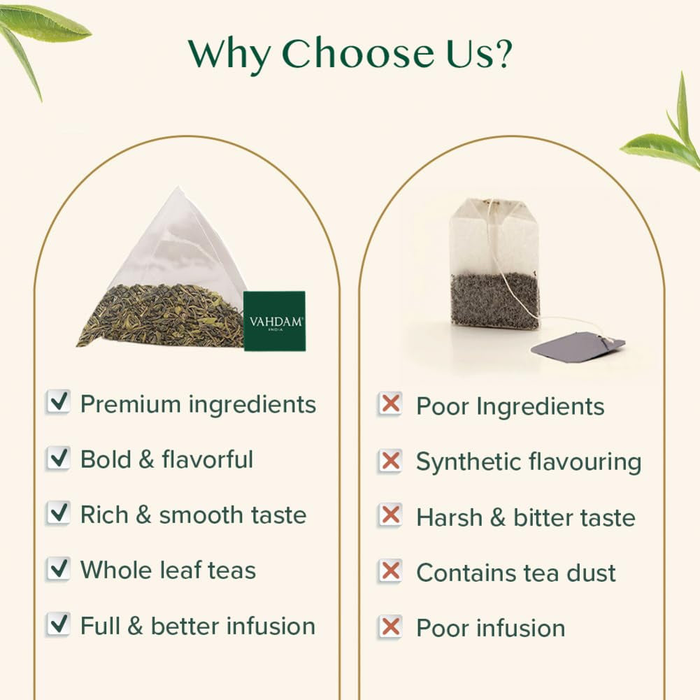 VAHDAM, ceai verde din Himalaya (100 pliculețe de ceai) 100% pur și aromat | Frunze de ceai verde natural | Vegan, fără gluten, fără lactoză | Proaspăt și direct de la sursa din India | Ceai verde