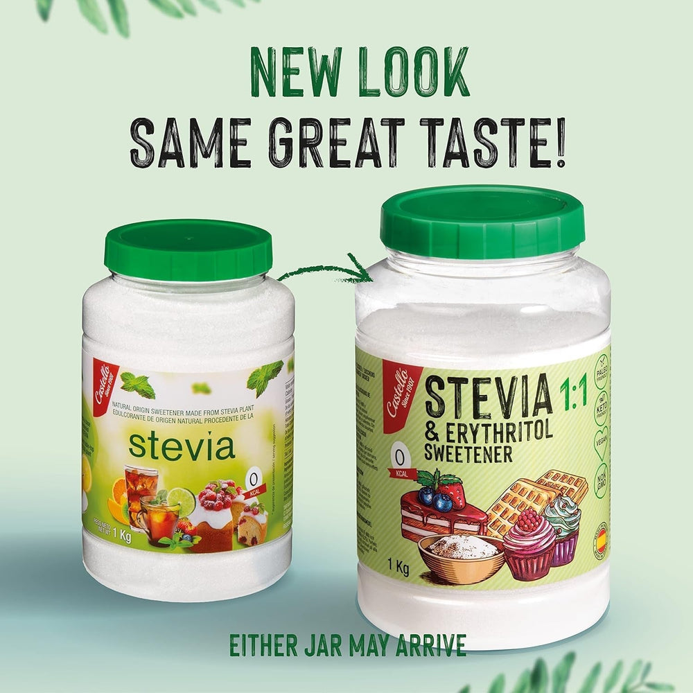 Stevia + eritritolo 1:1 sostanza nutriente | 1G = 1GZucker | 100% Zuckerersatz naturale - 0 Kalorien - 0 Glykämischer Index - Keto und Paleo - 0 Netto-Kohlenhydrated - Kein GVO - Castello since 1907-1 Kg Dolcificanti Naty Shop