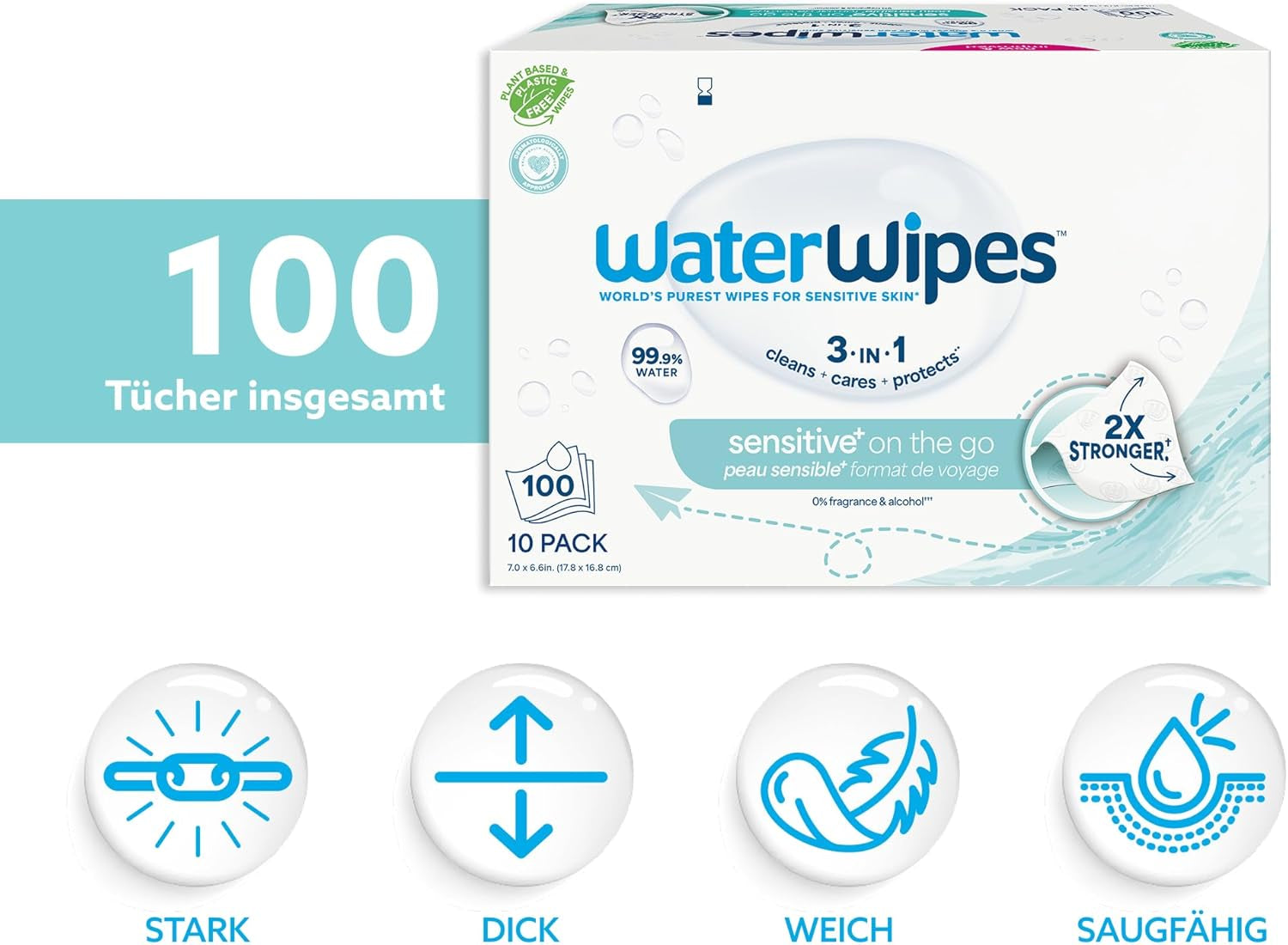 Salviettine umidificate WaterWipes Sensitive+ On The Go, 100 salviette (confezione da 10), 3 in 1 pulisce, cura, protegge, 99,9% acqua, salviette senza profumo