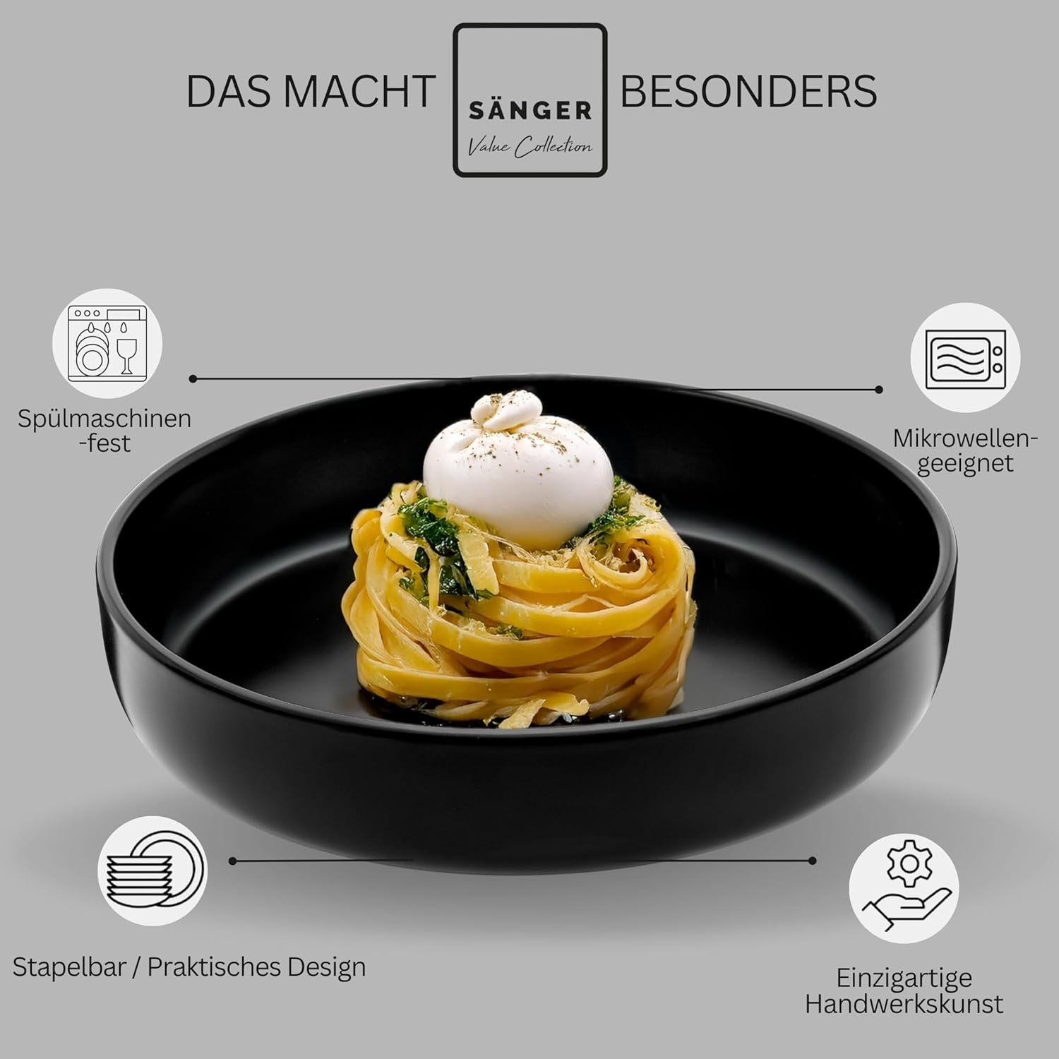 SÄNGER Madeira | Set de veselă combinat cu 24 de piese, set de veselă din gresie pentru 6 persoane, 6 farfurii de cină, 6 farfurii de mic dejun, 6 farfurii de sumă, 6 boluri pentru paste, set de veselă și bol, negru mat | COLECȚIA VALUE