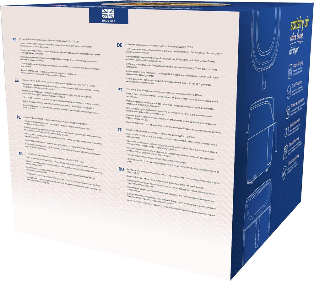 Russell Hobbs Heißluftfritteuse XXL 8L Rapid Airfryer [Kompaktes Gehäuse,7 Kochfunktionen,10 Programme] Satisfry (Spülmaschinenfest, Max 220°C, Fritteuse Ohne Oel, Grillen, Backen, Braten) 27170-56 Naty Shop