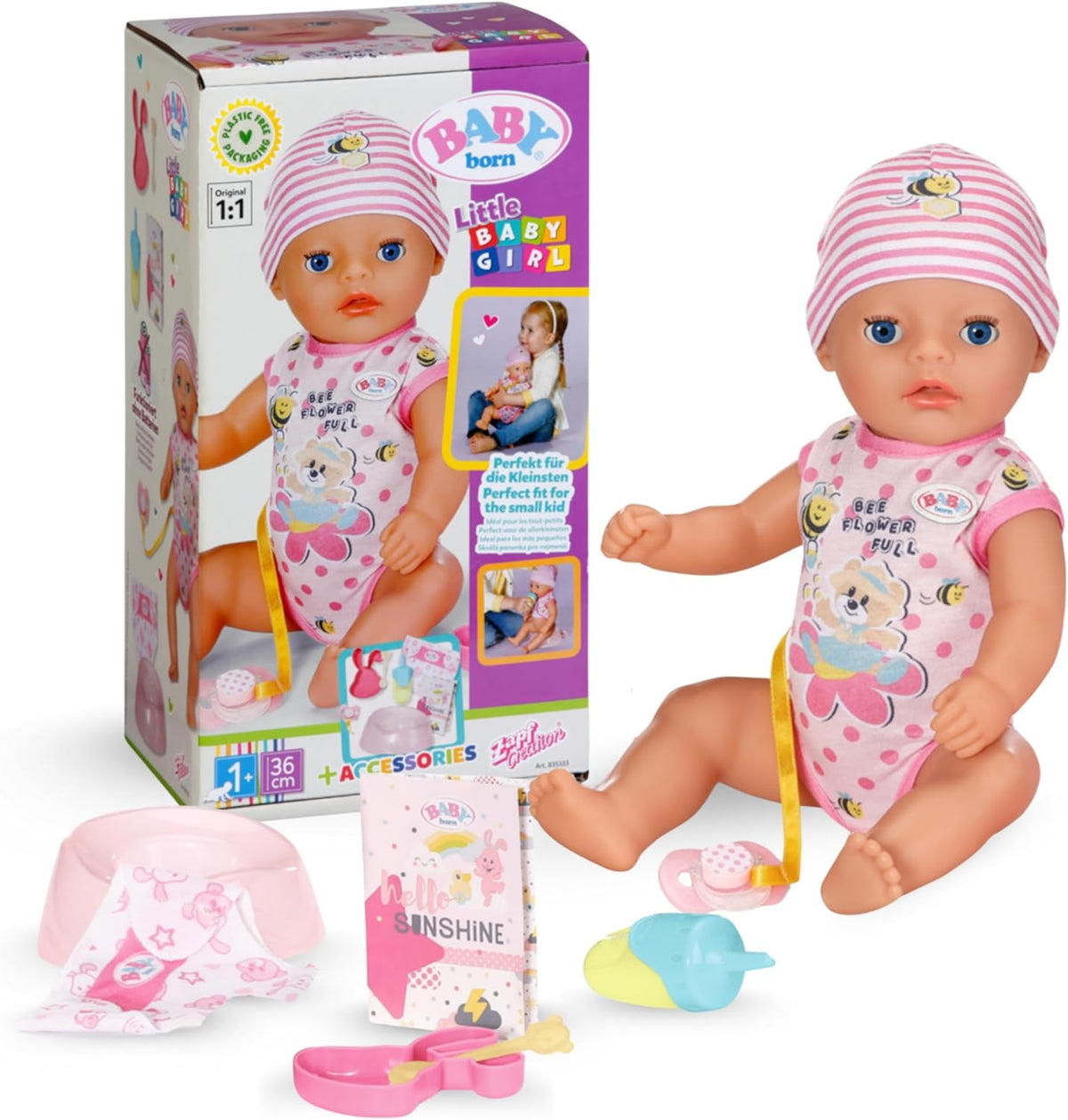 BABY Born Lena (Fetiță) - păpușă bebeluș 36 cm - 7 funcții, inclusiv accesorii și saltea - Funcționează complet fără baterii - Potrivită pentru copii mici de la 1 an