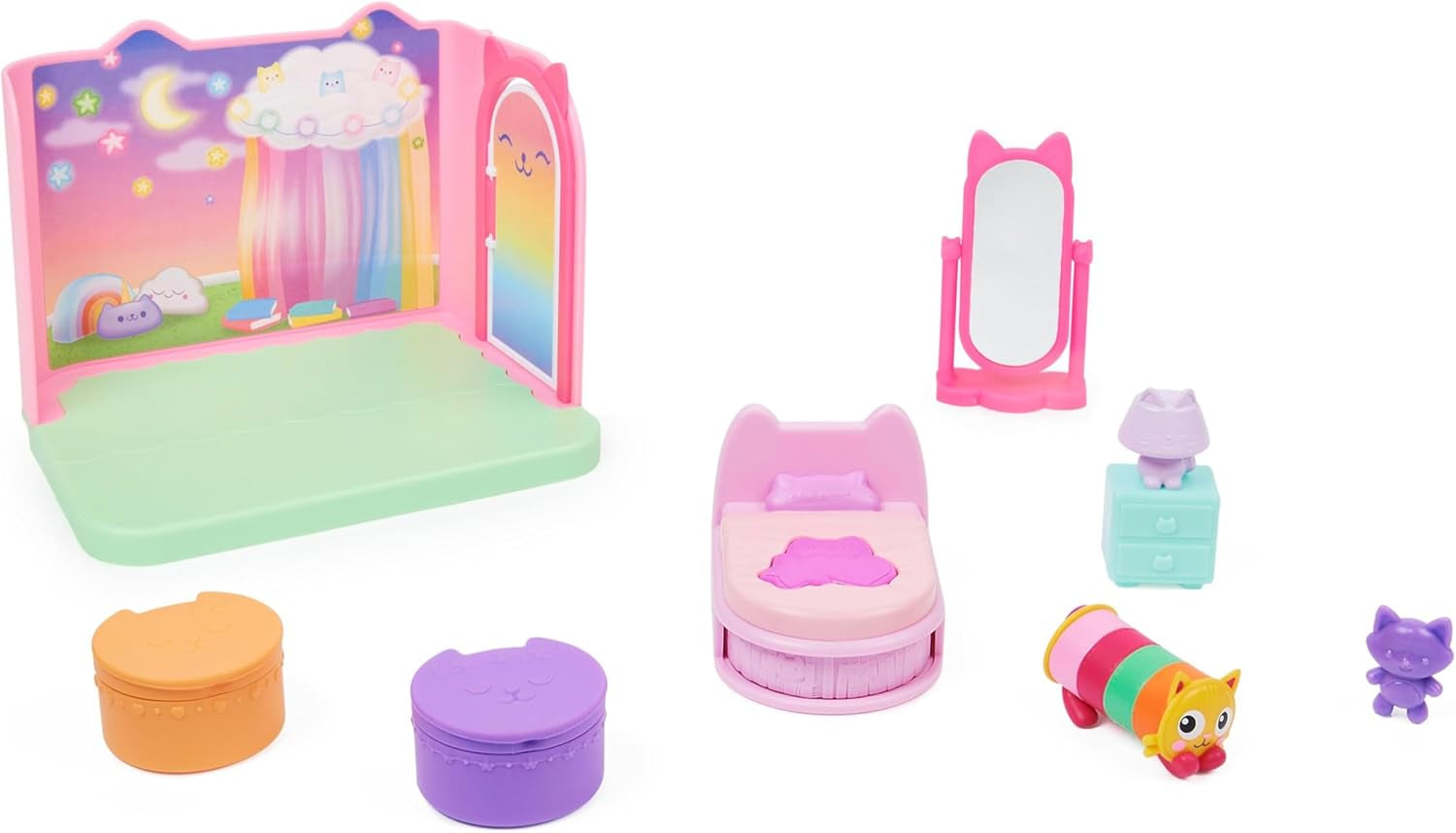 Camera Deluxe a casei de păpuși Gabby, cameră cu figurină pisică, mobilier și 2 cutii surpriză cu accesorii tematice, potrivită pentru copii cu vârsta de 3 ani și peste