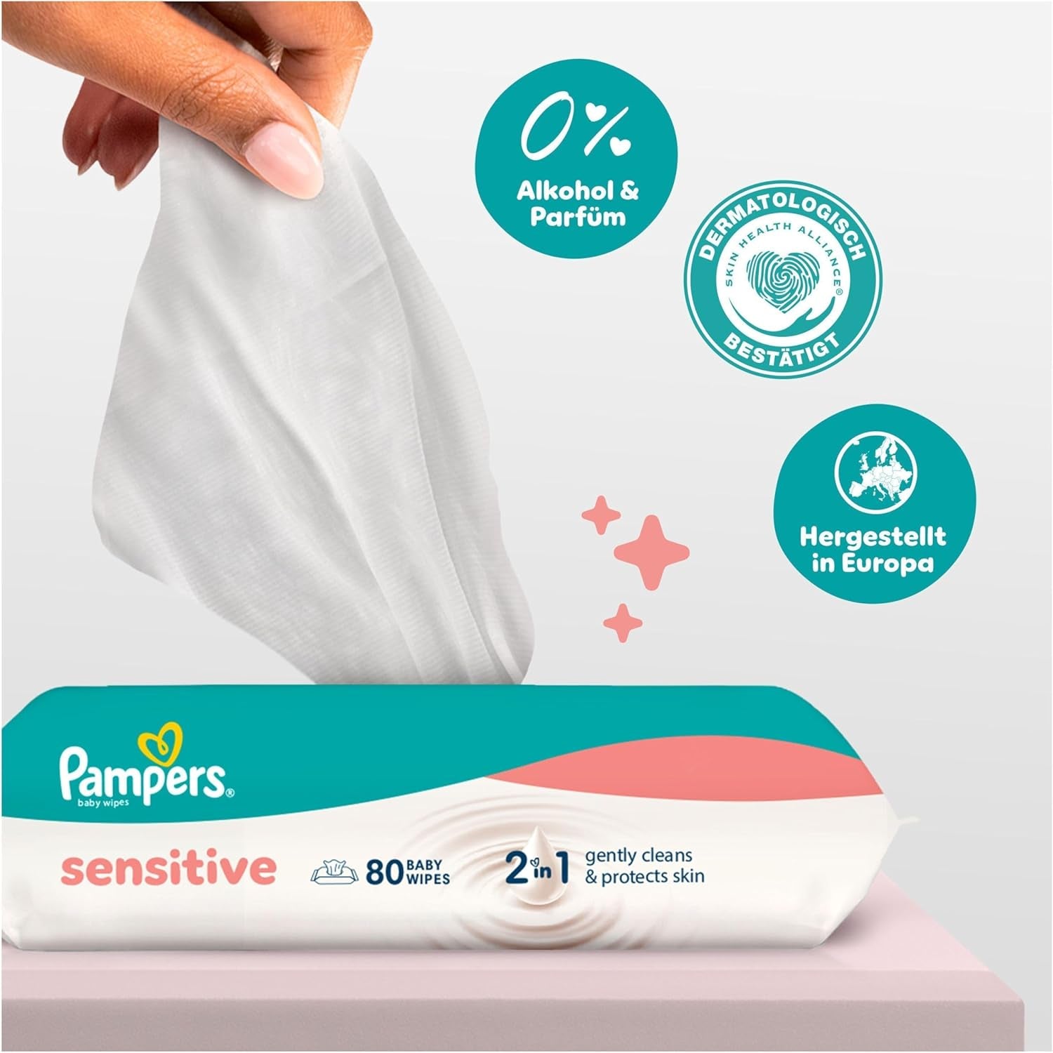 Salviette per neonati Pampers Sensitive, confezione da 15 da 80 salviette, 1200 salviette per neonati, pulizia delicata 2 in 1 e protezione della pelle