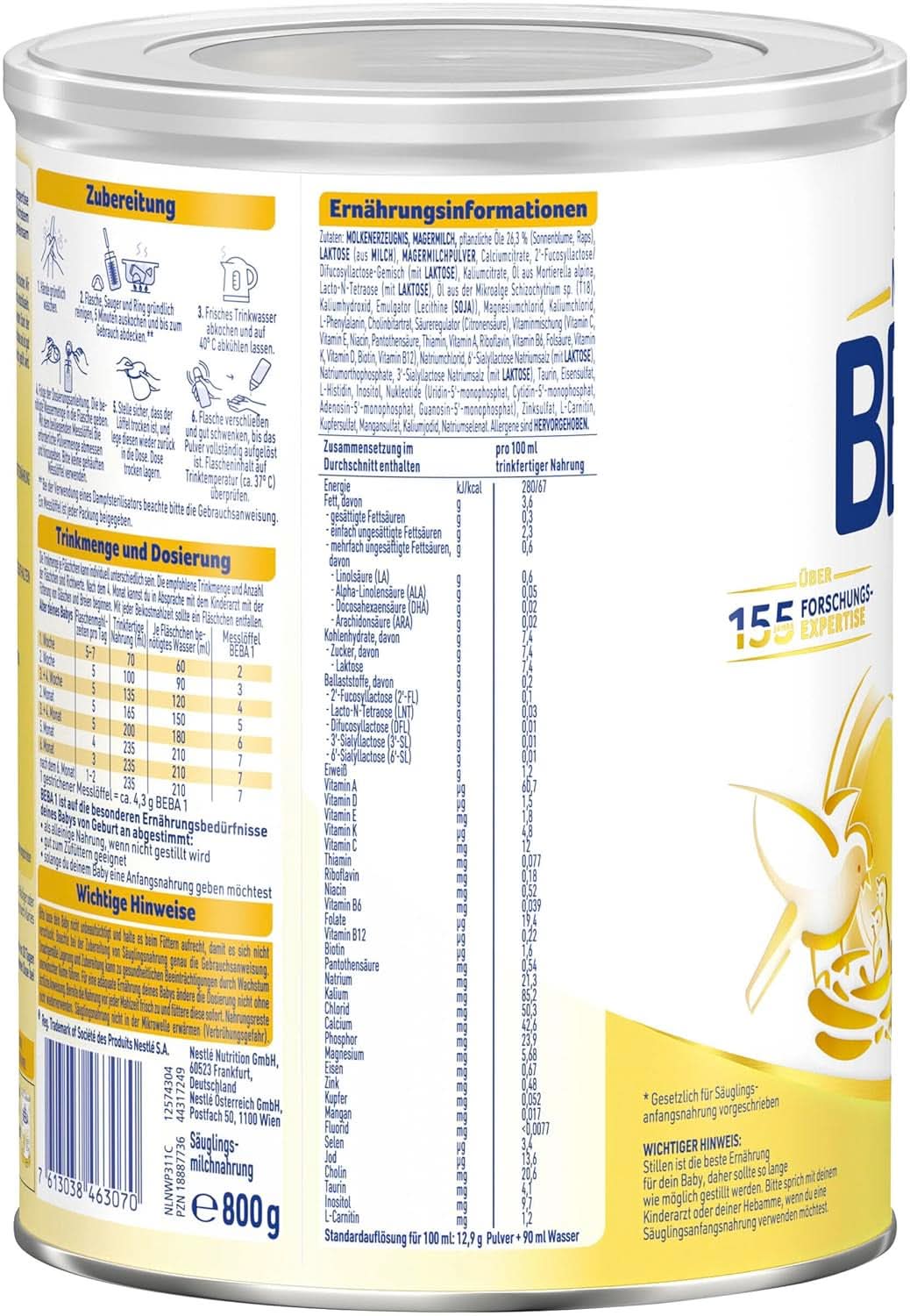 BABY 1 latte iniziale dalla nascita, solo lattosio, senza olio di palma, confezione 3 (3 x 800 g) Mamma e Bambino Naty Shop