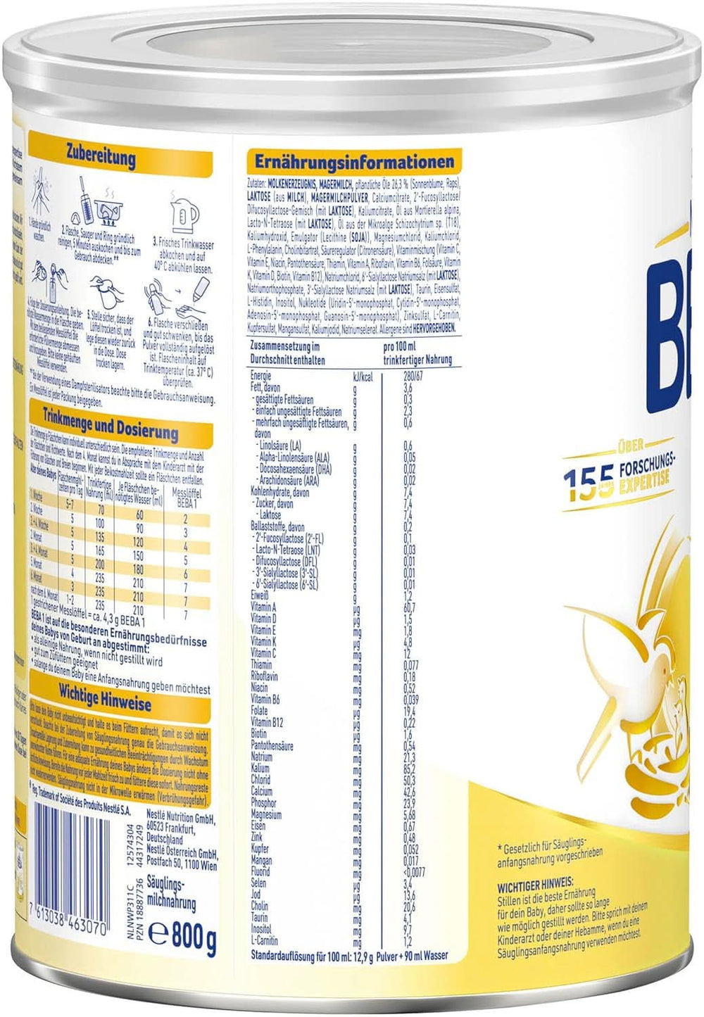 BABY 1 latte iniziale dalla nascita, solo lattosio, senza olio di palma, confezione 3 (3 x 800 g) Mamma e Bambino Naty Shop