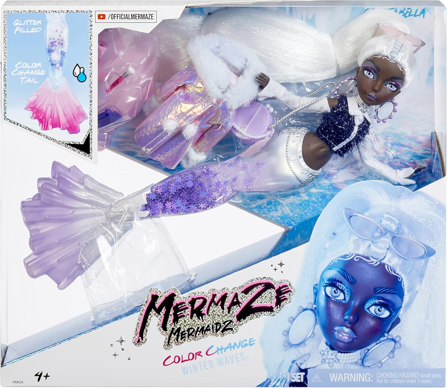 Mermaze Sirenez™ Winter Waves Crystabella™ Meerjungfrau-Modepuppe mit Farbwechsel-Flosse, glitzerndem Schwanz und Zubehör