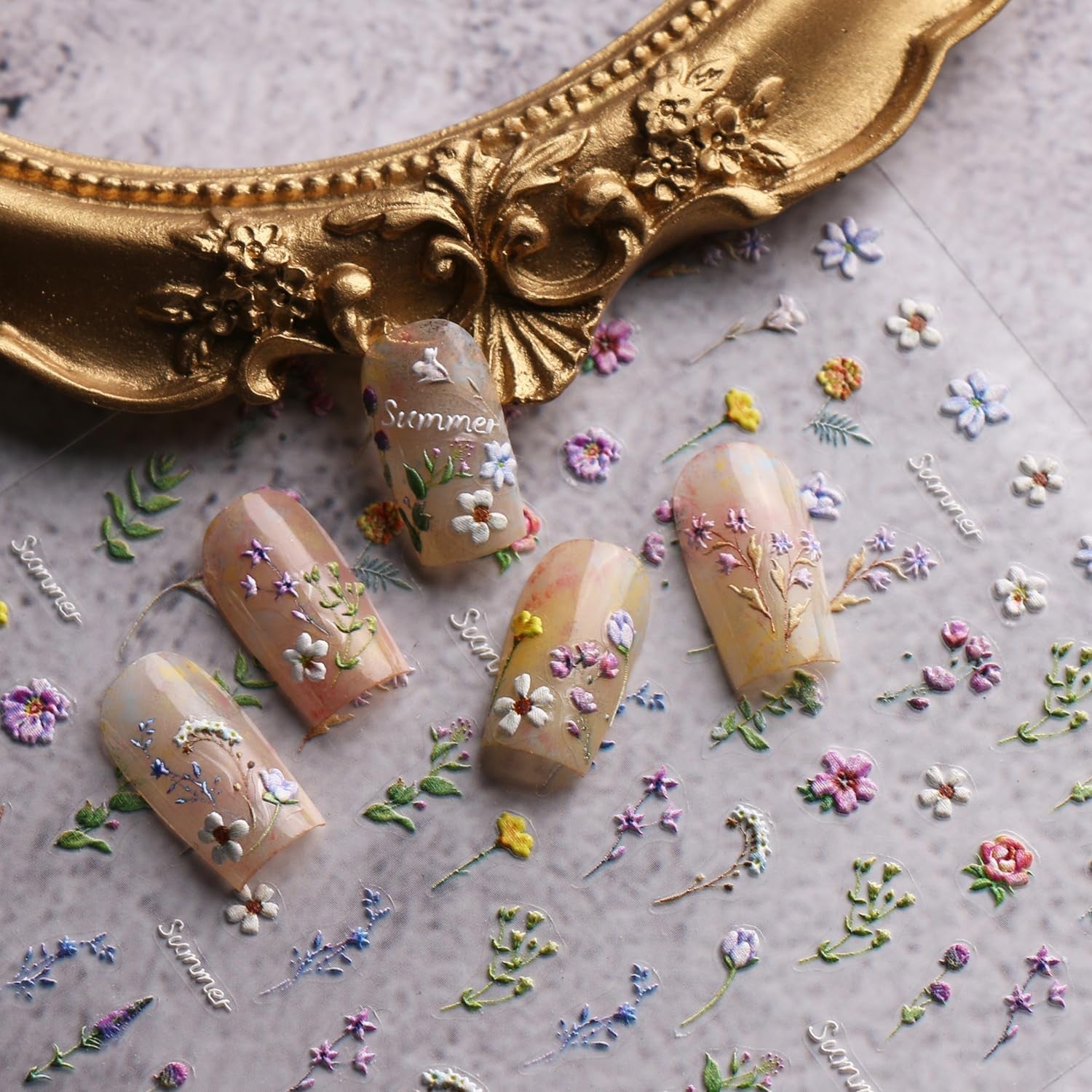 JMEOWIO 3D Nagelsticker Blume Frühling Sommer Floral Nail Art Sticker Selbstklebend Nagelaufkleber 5D Stereoskopisch Dekoration Nageldesign Zubehör 1 Blatt