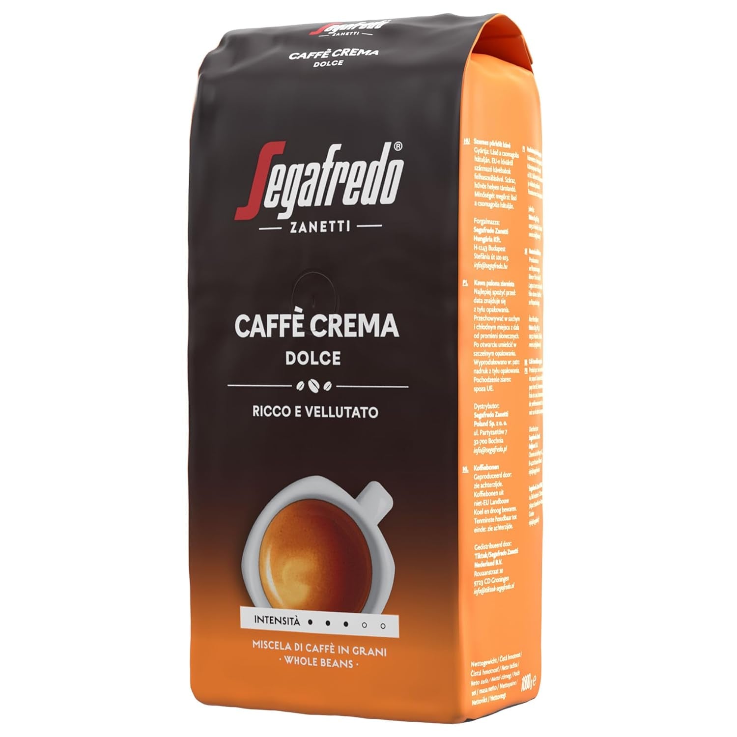 Segafredo Zanetti Caffè Crema Dolce - Boabe întregi (pachet de 1 kg) - Potrivit pentru Caffè Crema - Boabe de cafea prăjite ușor spre mediu, cu gust blând și echilibrat (pachet de 2)
