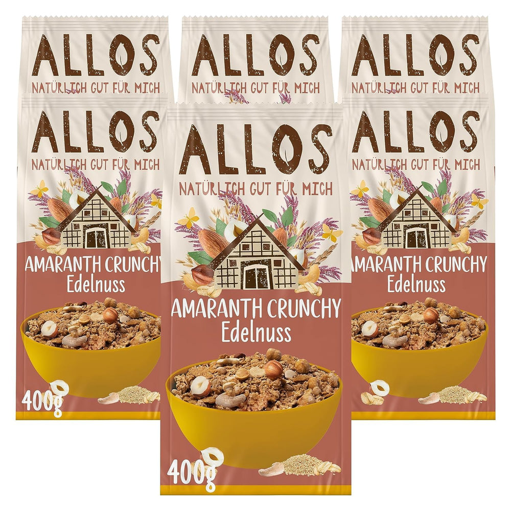 Muesli croccante premium con noci e amaranto Allos | Muesli biologico | Muesli alle noci | Farina d'avena | Cereali per la colazione | Vegano | Confezione da 6 (6 x 400 g)
