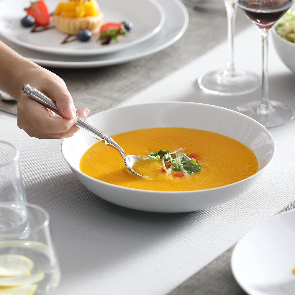 Set de veselă MALACASA pentru 12 persoane, Set de veselă modern din porțelan Amelia, 48 de piese, Serviciu de masă cu 12 farfurii de cină, farfurii de desert, farfurii de sumă și boluri pentru cereale, Set de farfurii modern pentru 12 persoane - Alb