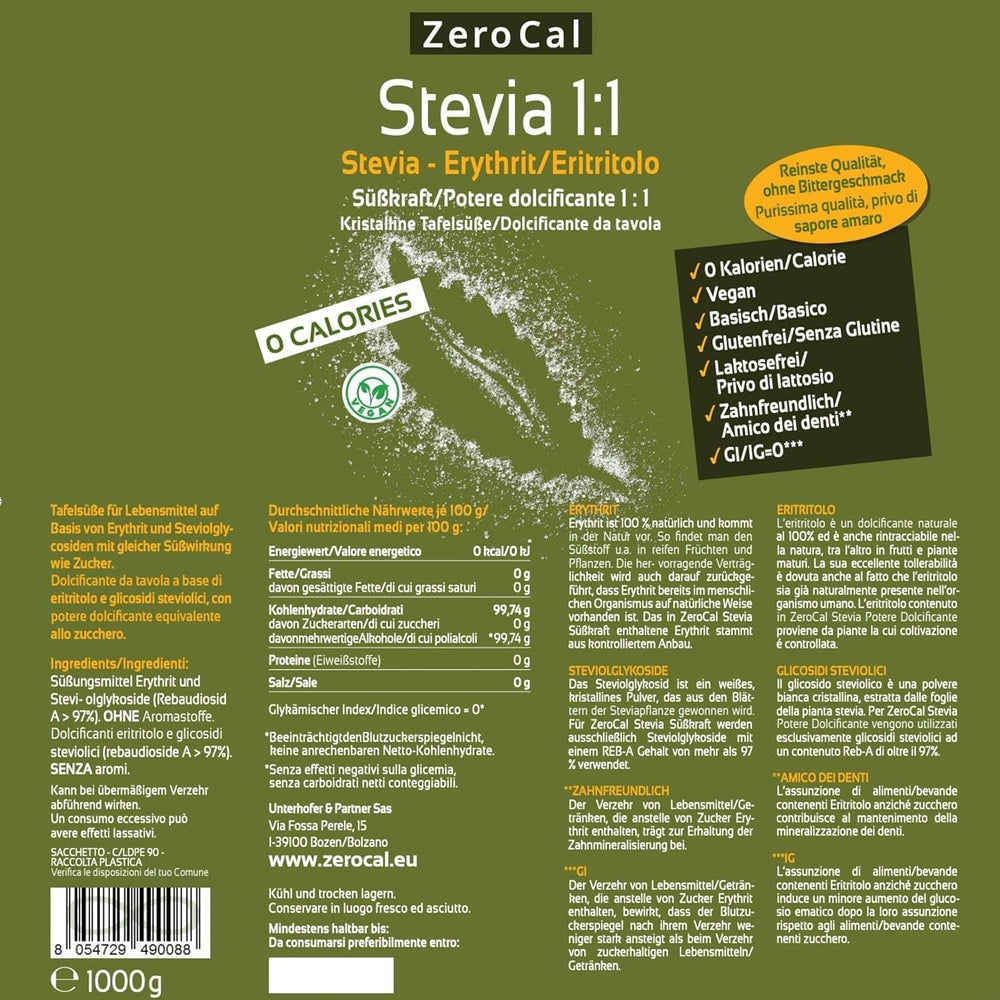 Stevia 1:1 (Erythrit - Stevia) - Natürlicher Zuckerersatzstoff, 1000 G Dolcificanti Naty Shop