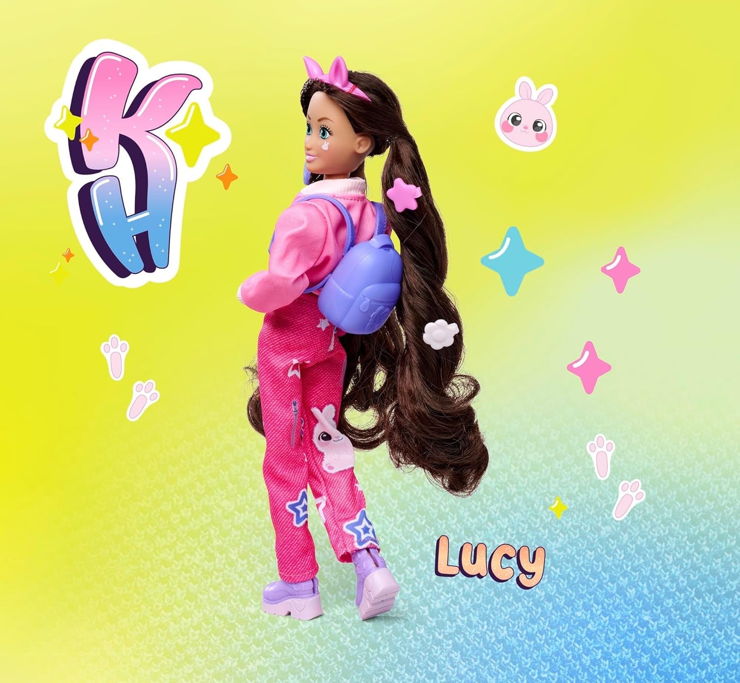 Simba 105953975 - Kawaii Hi Ankleidepuppe Lucy (26 cm) - bewegliche Modepuppe zum Frisieren und Stylen, Puppe mit Langen Haaren, Hase und Zubehör, Spielzeug für Kinder ab 4 Jahre