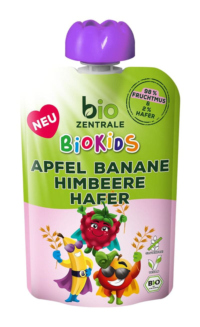 Biozentrale Biokids purea di frutta mele banane lamponi avena | 12X90G | Snack alla frutta senza zuccheri aggiunti | Naty Shop vegano per mamma e bambino