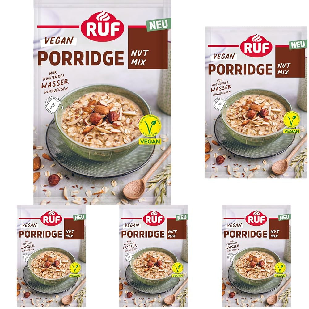 Porridge Vegano RUF con Noci e Avena, fiocchi d'avena con mandorle, nocciole e semi di lino, facile da preparare, nella pratica confezione monoporzione, 1 x 60 g