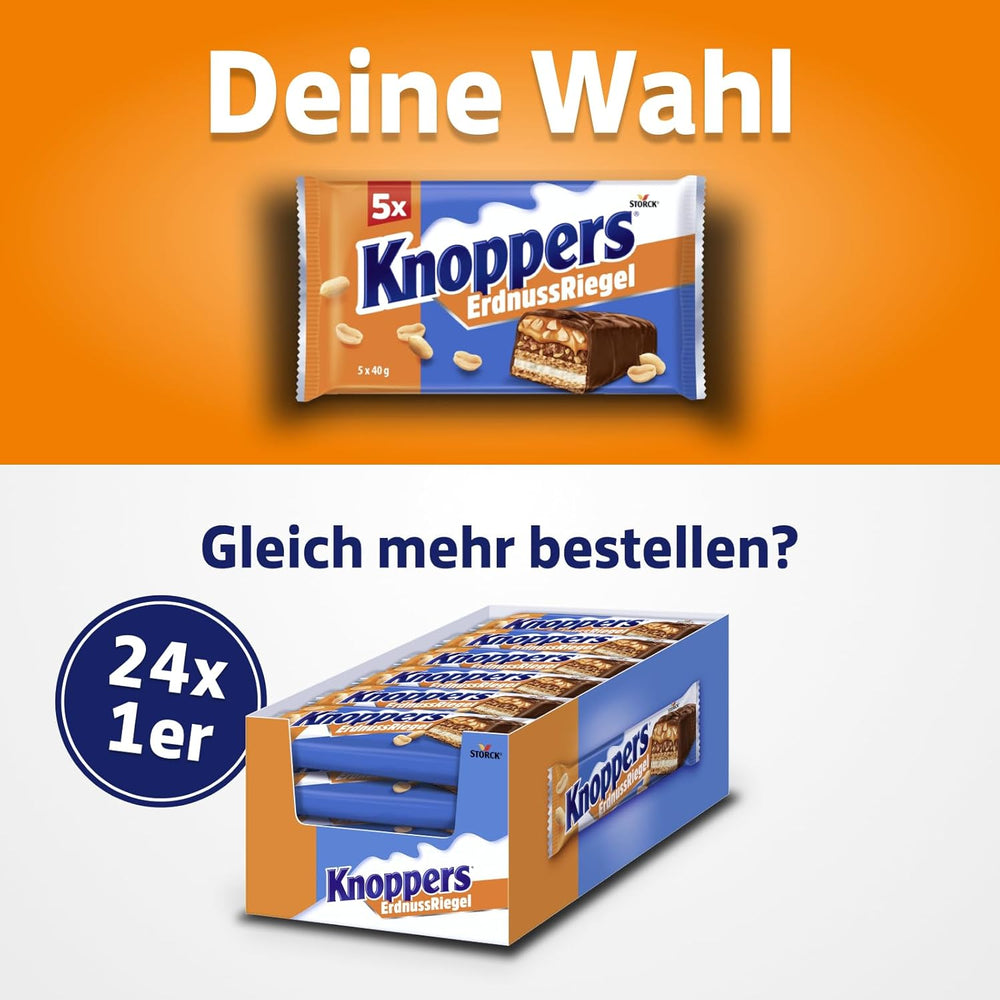 Knoppers Peanut Bar – 1 x 200g (5 barrette) – Barretta di cioccolato al latte con crema di arachidi, arachidi salate tritate, caramello e cioccolato al latte