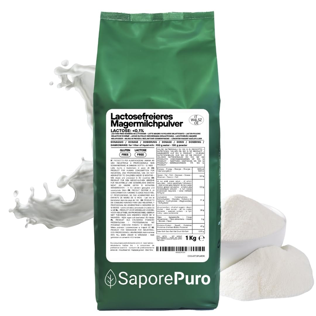 Laktosefreies Magermilchpulver 1 kg | Hohe Löslichkeit | Ideale per prodotti da forno, pane e alimenti. Uso professionale e industriale Senza lattosio Senza glutine