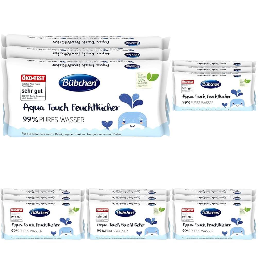 Bübchen Aqua Touch Feuchttücher, 144 Stück (3 X 48) – Sensitive Pflegetücher Mit 99% Purem Wasser, Feuchte Tücher Für Neugeborene Und Babys Naty Shop 144 Stück (5Er Pack)