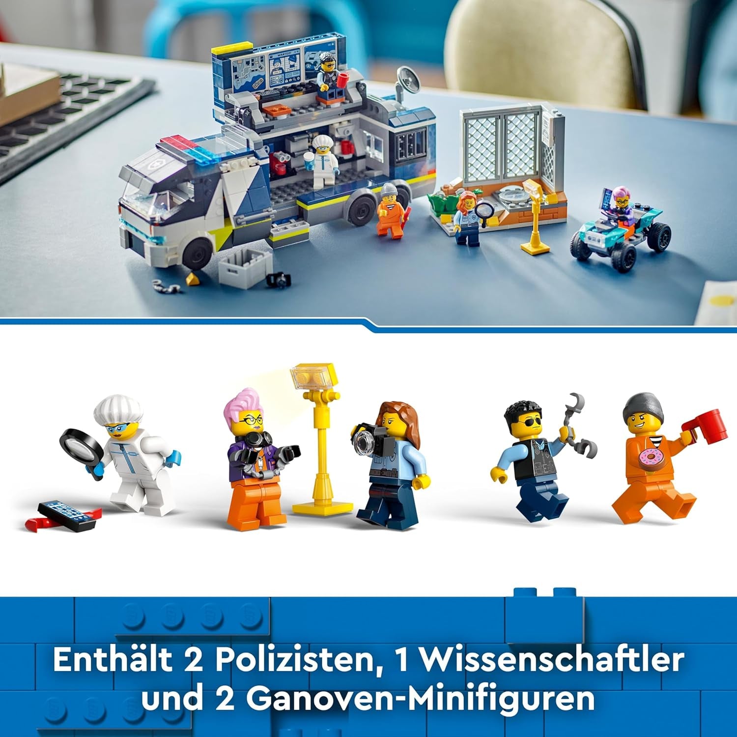 LEGO City Camion della Polizia con laboratorio, set della Polizia Quad e camion giocattolo per bambini, regalo per ragazzi e ragazze dai 7 anni in su, più 5 minifigure: 2 poliziotti, 1 scienziato e 2 ladri 60418 Set da costruzione Beuche den LEGO-Store