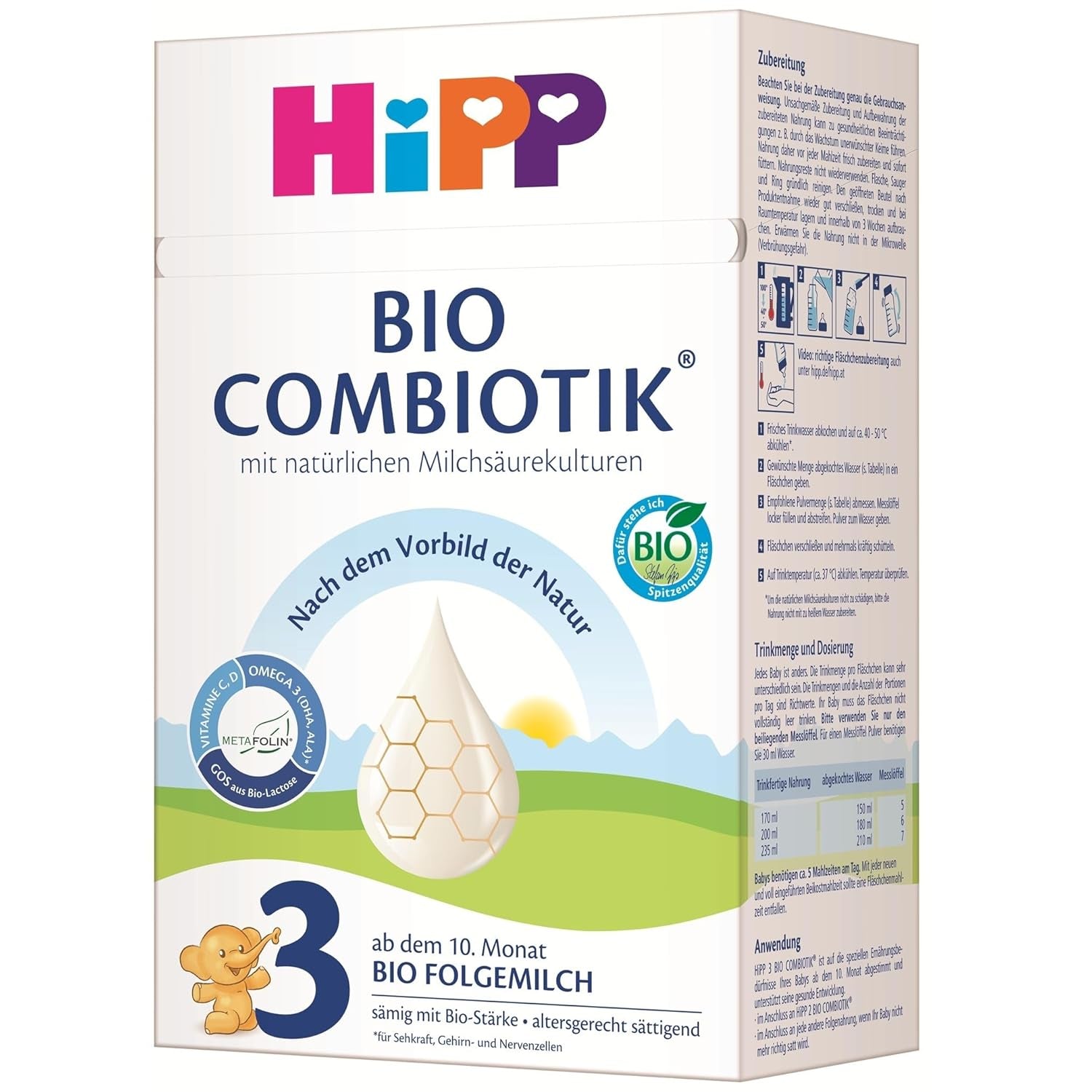 HiPP 3 Organic Combiotik (4 x 600g), latte di proseguimento a partire da 10 mesi, con colture naturali di acido lattico, vitamine C e D, GOS, Omega-3 (DHA, ALA), della migliore qualità biologica