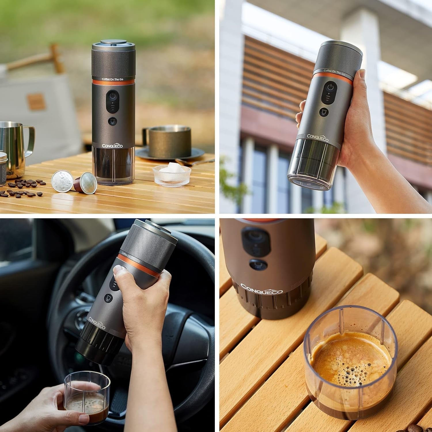 Espressor auto CONQUECO 12V: Espressor portabil cu baterie pentru camping și călătorii - Încălzire rapidă în 2,5 minute - 8 cești de espresso cu o singură încărcare