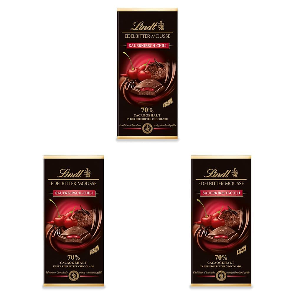 Mousse al cioccolato fondente Lindt con peperoncino e ciliegie | Barretta 150g | Con il 70% di cacao e ripieno di mousse al cioccolato fondente e ciliegia e peperoncino | Tavoletta di cioccolato | Cioccolato fondente