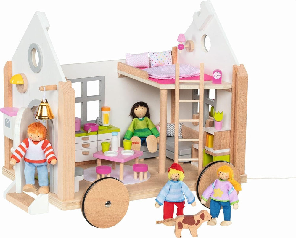 Goki 51477 - Piccola casa Hygge in legno e tessuto per mini bambole, casa delle bambole mobile in stile scandinavo, 38 cm x 27 cm x 33 cm, set da 40, dai 3 anni in su Case delle bambole Naty Shop