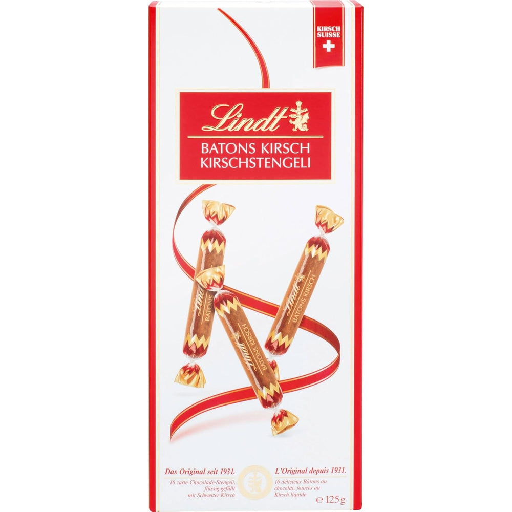 Barrette di cioccolato Lindt con steli di ciliegia | 250 g 32 barrette di cioccolato al latte ripiene liquide alla ciliegia svizzera | Regalo di cioccolato con alcol | Regalo di cioccolato