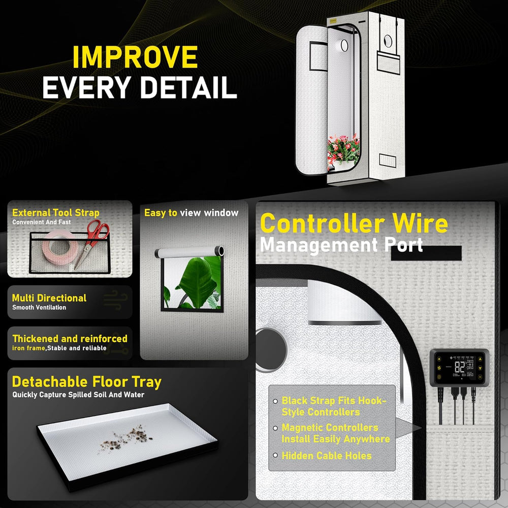 Tenda da coltivazione 60x60x180 cm, materiale Oxford 600D con pellicola riflettente in poliestere, tubi in acciaio da 22 mm, prese d'aria e finestre di visualizzazione, tende da coltivazione per coltura idroponica, serre e giardini interni