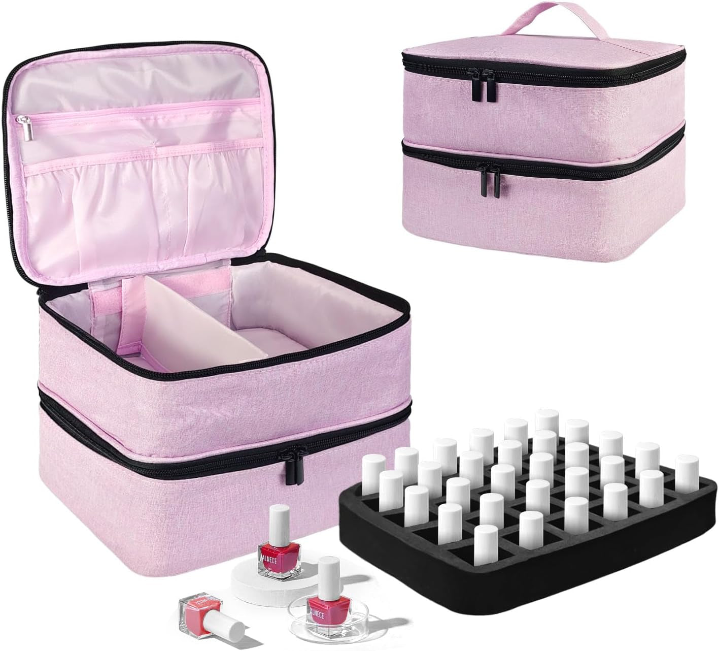 Nagellack Organizer Tasche, Doppelschicht Nagellack Aufbewahrung Box, Organizer Koffer Für Nageldesign Kosmetiktasche Für 30 Flaschen Neonail Base(15Ml-0.5 Fl.Oz) & 1 Nagellampe(Schwarz)