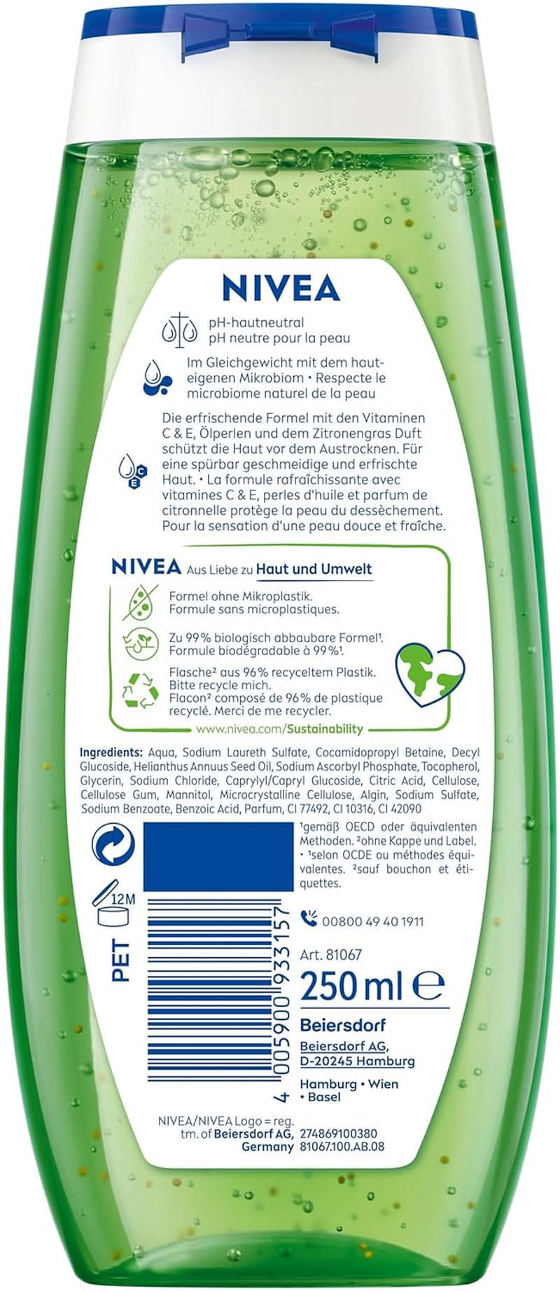 NIVEA Gel doccia Lemon Grass And Oil, 250 ml Doccia e bagno Naty Shop