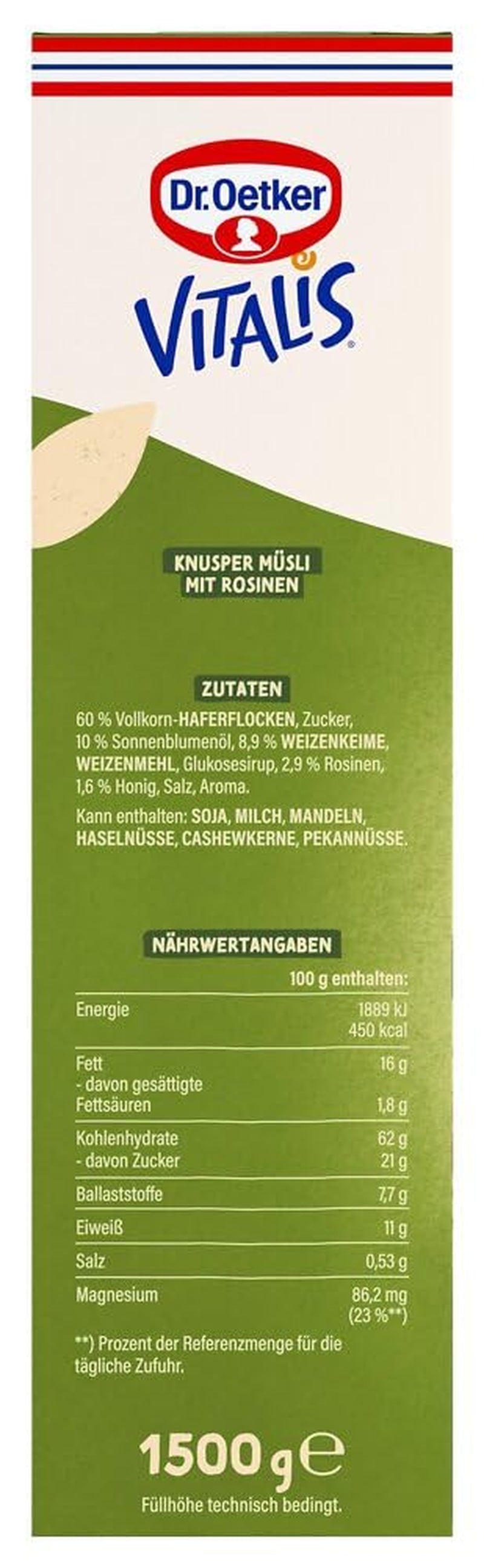 Dr. Oetker Vitalis Classic Crispy Muesli: confezione grande di muesli croccanti per la colazione con uvetta, 1 confezione, 1,5 kg