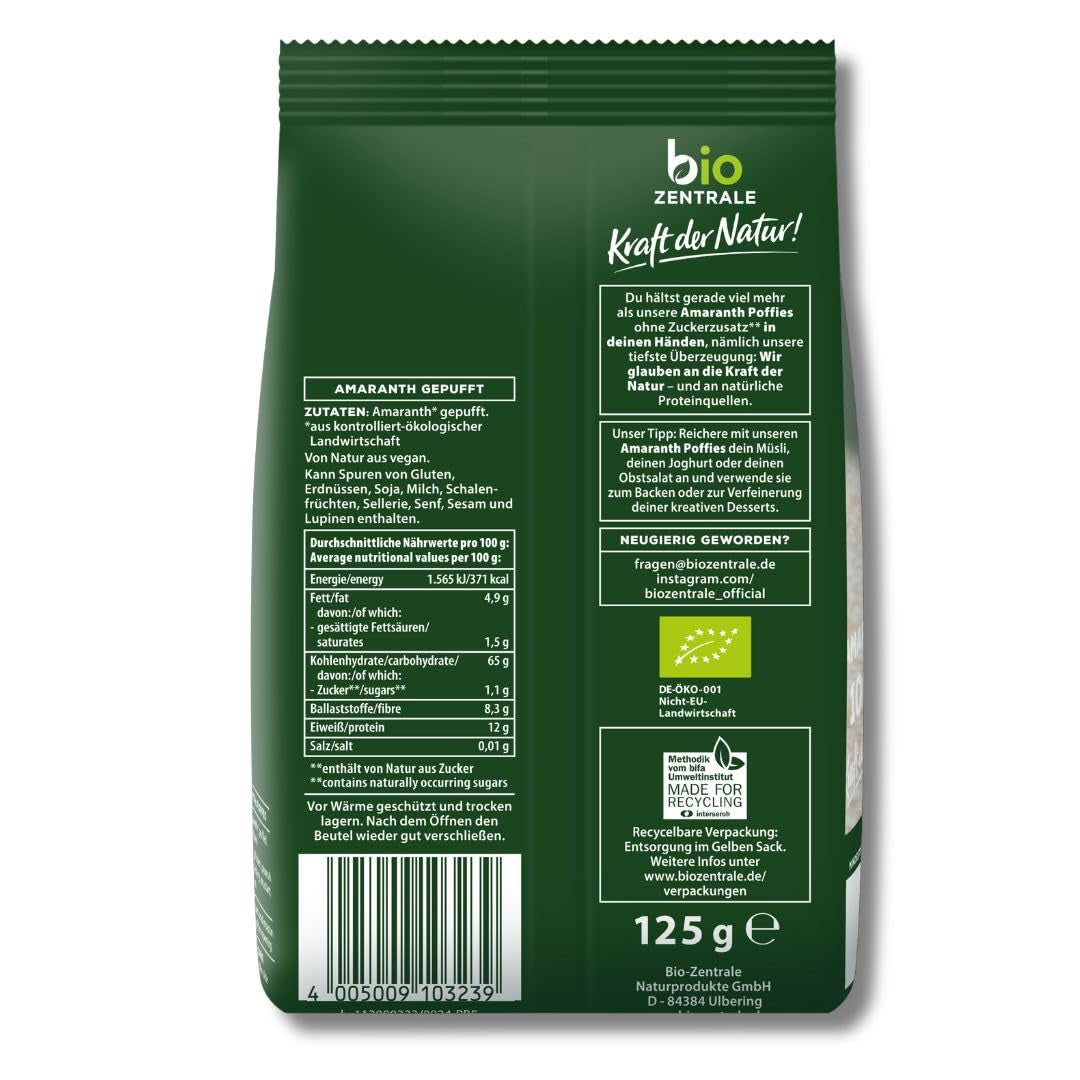 Bignè all'amaranto Biocentral | 125 g| vegano | piccoli granelli di amaranto espanso | fonte proteica | per muesli, yogurt e colorate ciotole per la colazione