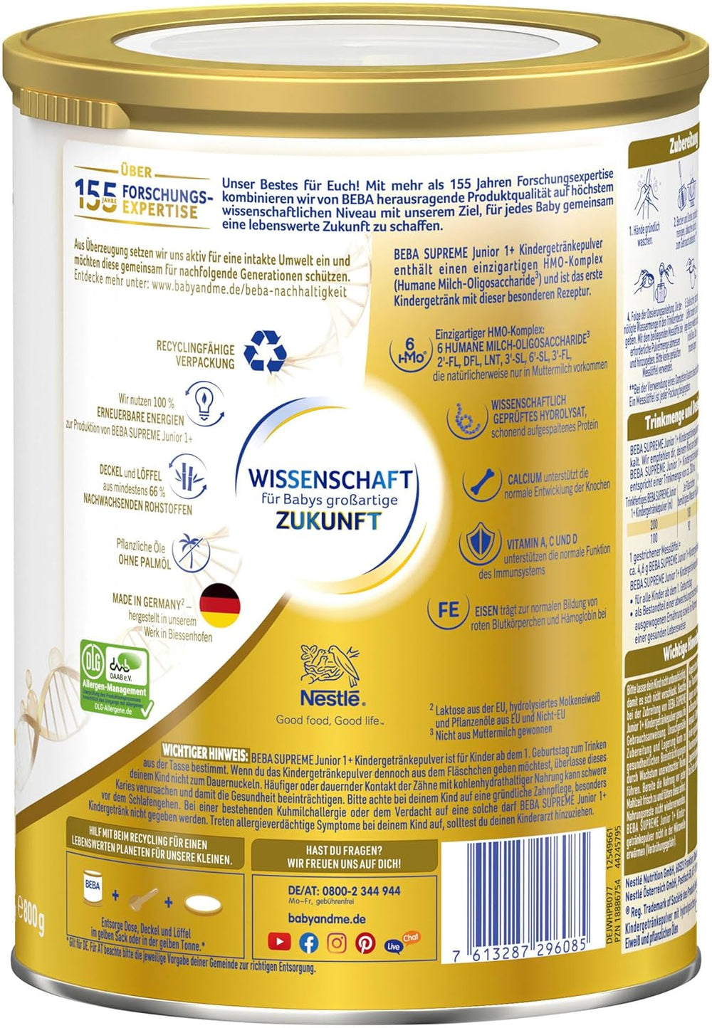 BEBA SUPREME JUNIOR 1 Plus - Bevanda per bambini da 1 anno, con complesso 6 HMO, senza lattosio, senza olio di palma, senza olio di pesce, alimenti per bambini piccoli, latte in polvere per neonati, confezione da 6 (6 x 800 g)