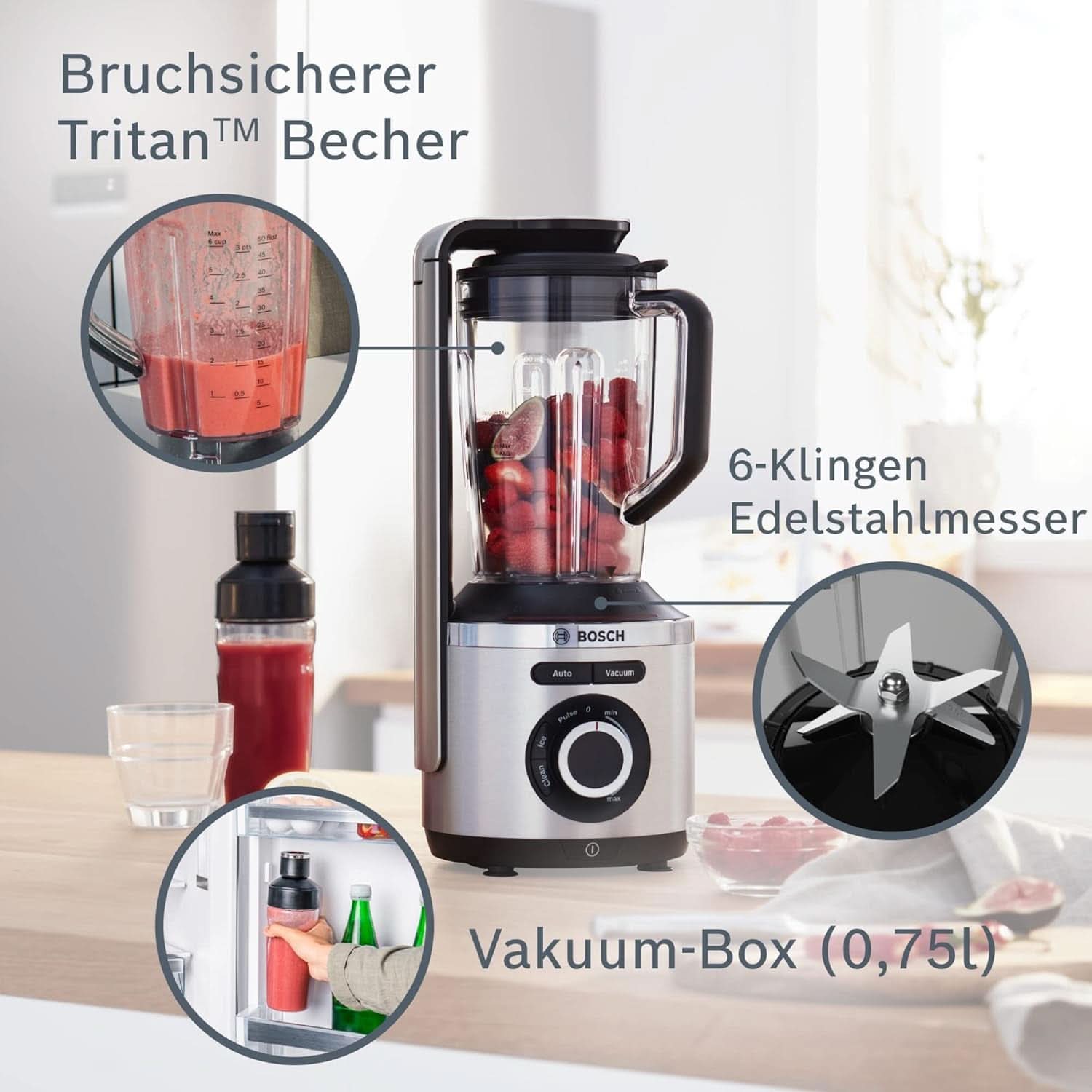 Bosch Vakuum-Standmixer Vitapower Series 8 MMBV621M, Starke Mixleistung, Vitaminschonende Zubereitung, 4 Automatikprogramme, Vakuum-Togo Flasche, 37.000 U/Min, 1000 W, Silver Mother and Child Naty Shop