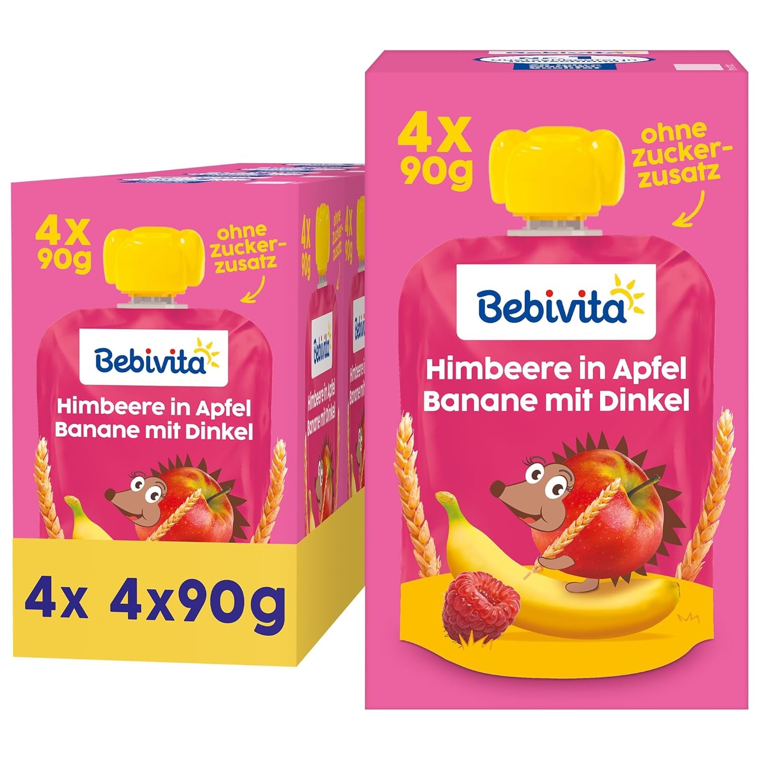 Bustine comprimibili di frutta, lampone, mela, banana e farro - 16 pezzi (confezione da 4, 4 x 90g cadauna), senza zuccheri aggiunti, a base di frutti di bosco e cereali integrali, ideali per spuntini da asporto e autoconsumo