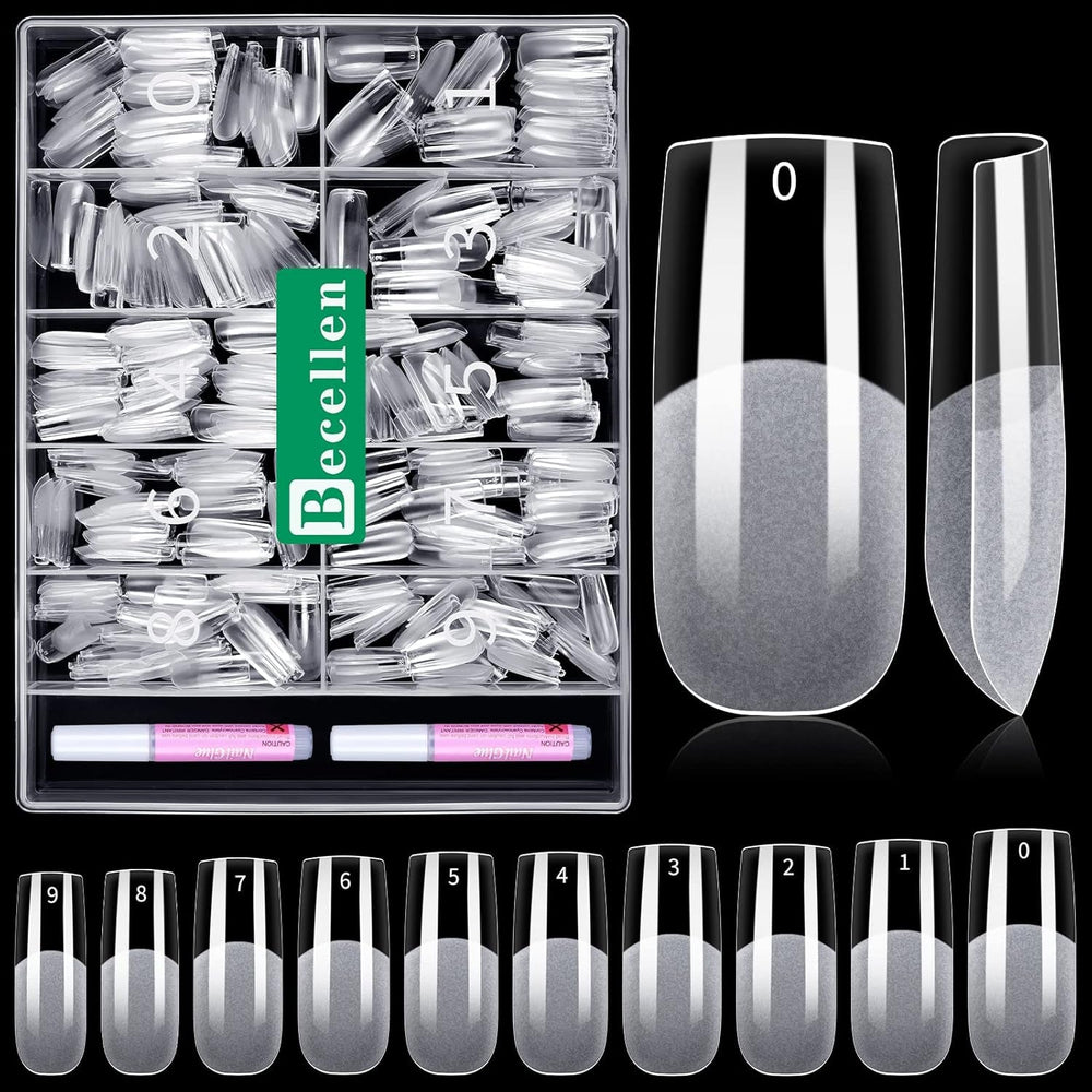 Becellen 500 bucăți vârfuri unghii artificiale, vârfuri unghii cu gel moale, acoperire completă, vârfuri pentru unghii cu gel, unghii artificiale pre-lustruite, set unghii cu lipici pentru nail art DIY (migdale)