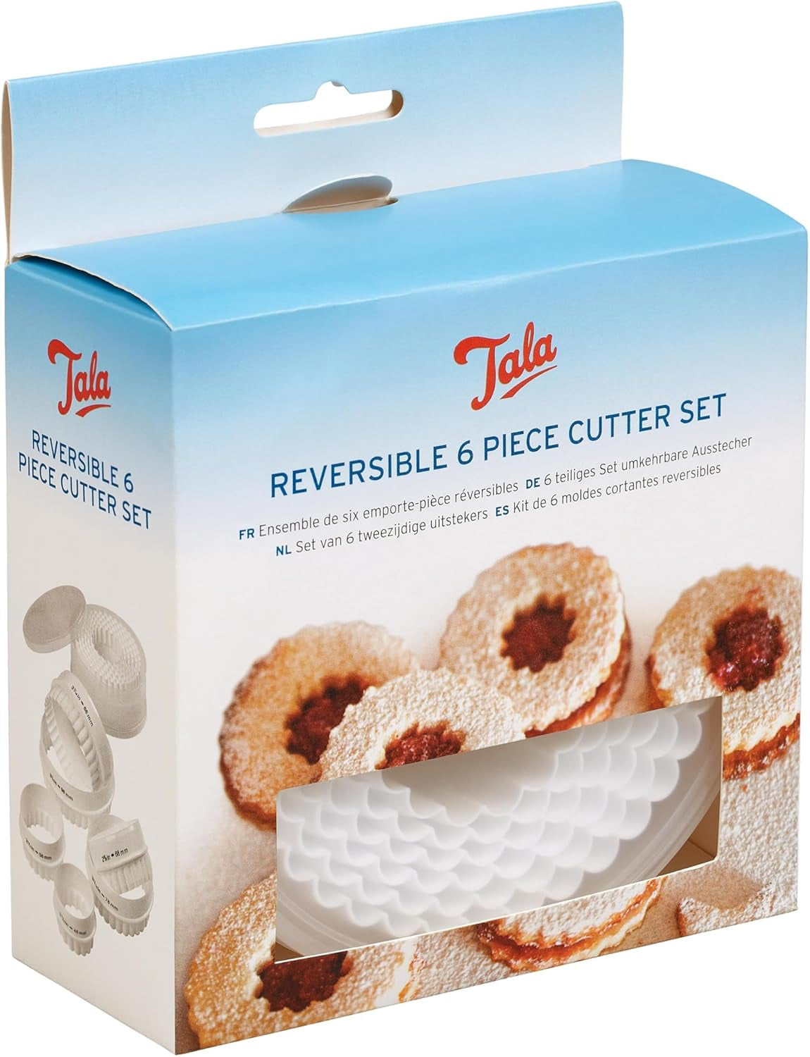 Set de 6 forme rotunde reversibile Tala pentru biscuiți, forme pentru biscuiți cu margini netede și striate, plastic fără BPA, pentru aluat, fondant și marțipan, 48 până la 98 mm