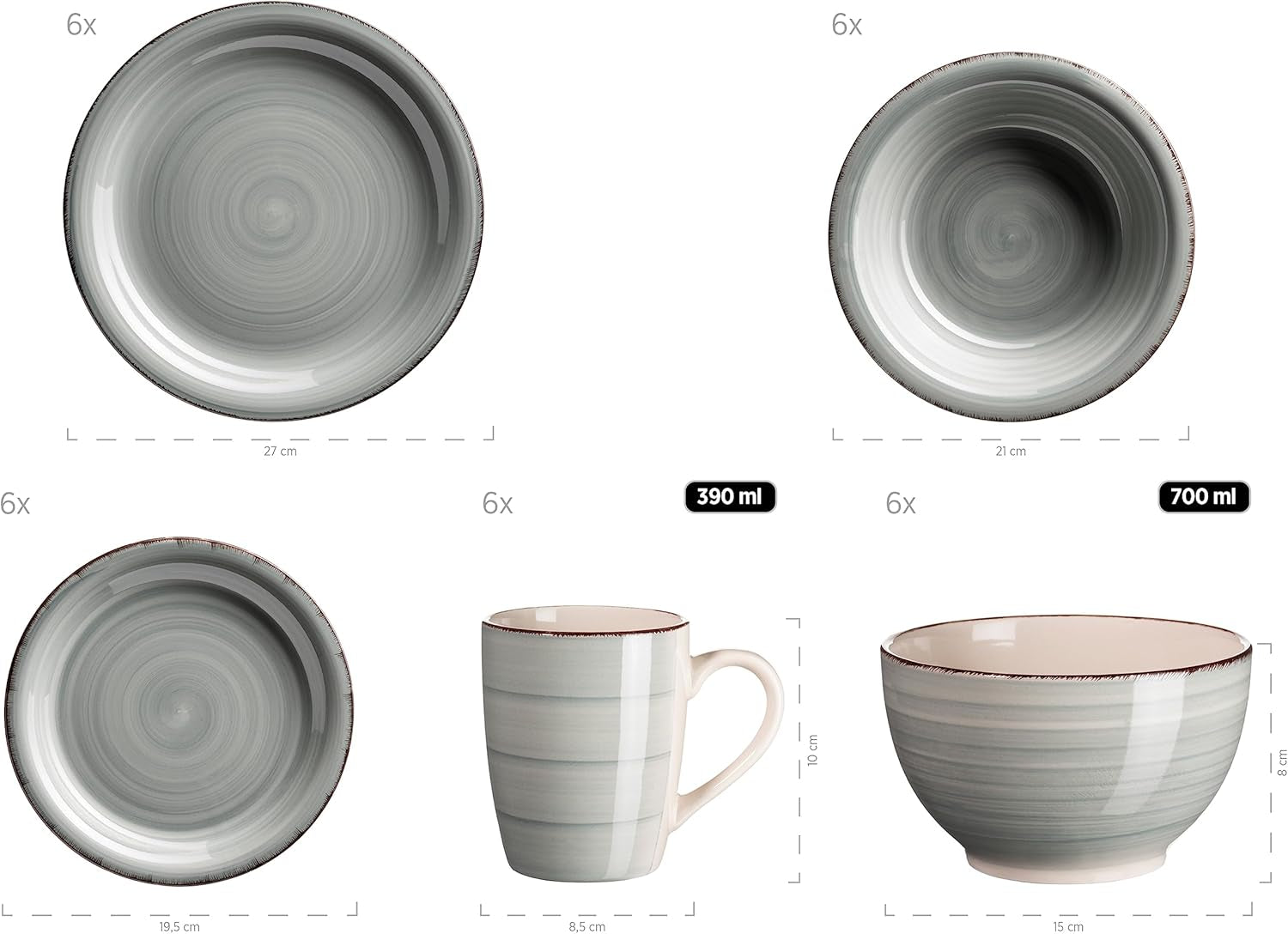 MÄSER 931612 Bel Tempo II 30-Teiliges Vintage Geschirr Set Für 6 Personen, Handbemaltes Keramik Kombiservice in Blau, Steingut, Rauchblau Seturi vesela masa Naty Shop