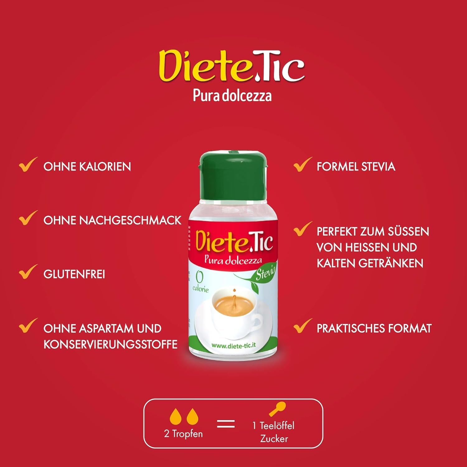 Diete.Tic Dolcificante Liquido con Stevia, Zero Calorie, Pratica Confezione da 3 x 50ml (1000 Gocce), Senza Glutine, Senza Conservanti, Ottimo per Dolcificare Bevande, Yogurt e Macedonie