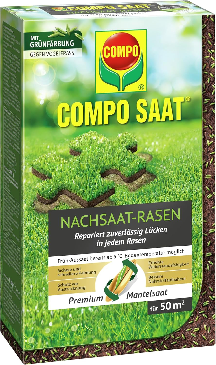 COMPO SAAT Nachsaat-Rasen - Für Lücken Und Kahle Stellen - Zuverlässiger Nachsaatrasen - Hochwertige Saatgutmischung Mit Premium-Mantelsaat - 2 Kg Für 100 M²