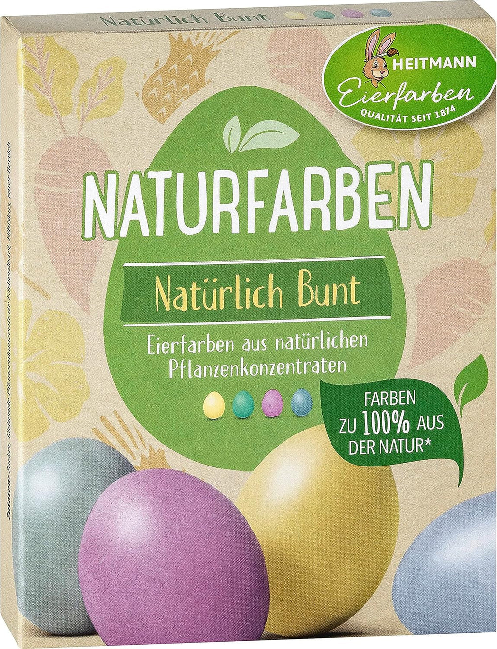 Set de vopsire naturală Heitmann Egg Dye, 3 pudre de colorare pe bază de ou (galben, violet, gri-albastru), foaie de autocolante din hârtie cu iarbă