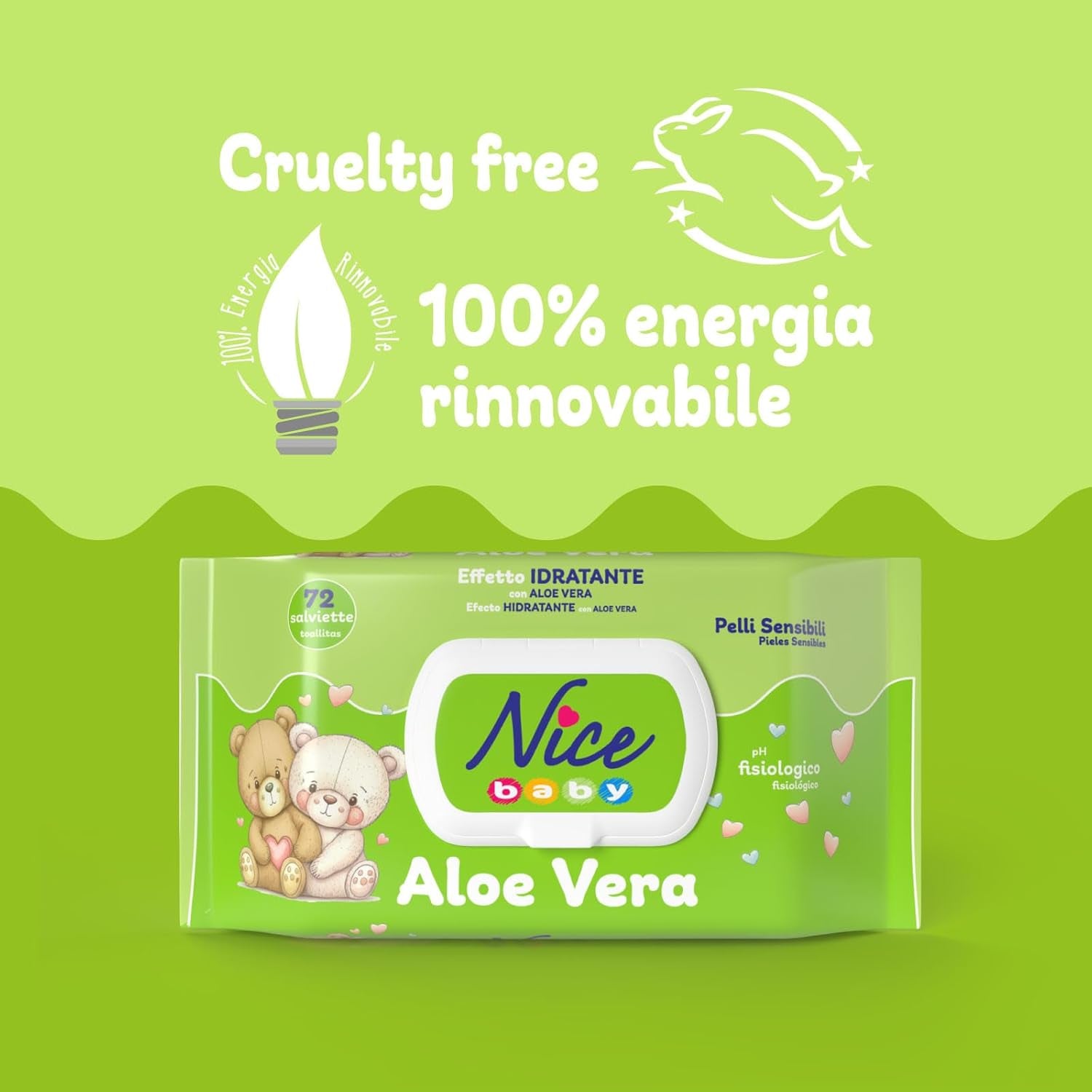 Salviette detergenti per bambini e neonati - con aloe vera e olio di argan - dermatologicamente testate - valore pH fisiologico - formato maxi: confezione da 72 salviette - Nice