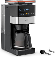 Espressor KRUPS Grind Aroma XL, râșniță conică detașabilă, panou de control digital, capacitate XL (1,5 l), funcție de menținere la cald, carafă din sticlă, negru/oțel inoxidabil, KM842810
