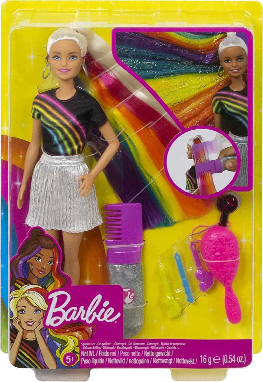 Barbie FXN96 - Rainbow Glitter Hair Doll cu păr blond lung, curcubeu ascuns de cinci culori, gel cu sclipici, perie de păr, accesoriu pentru coafat, cadou de jucărie pentru copii de la 5 ani în sus Papusi Naty Shop