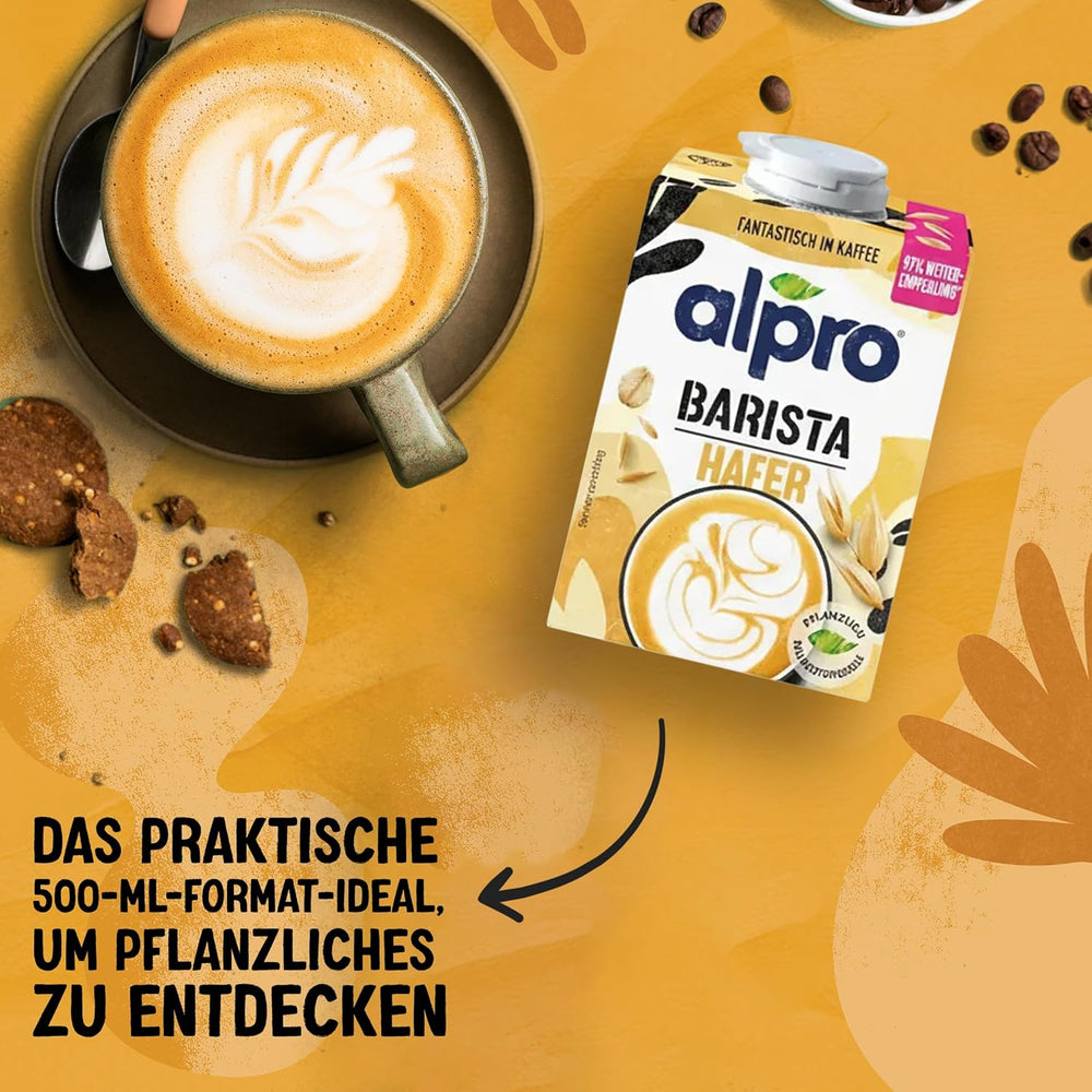Alpro Barista Haferdrink – Zum Aufschäumen – Vegan und milchfrei – Von Natur aus lactosefrei – Rich an Ballaststoffen, Calcium und Vitaminen – 8 x 1 L – Haltbar
