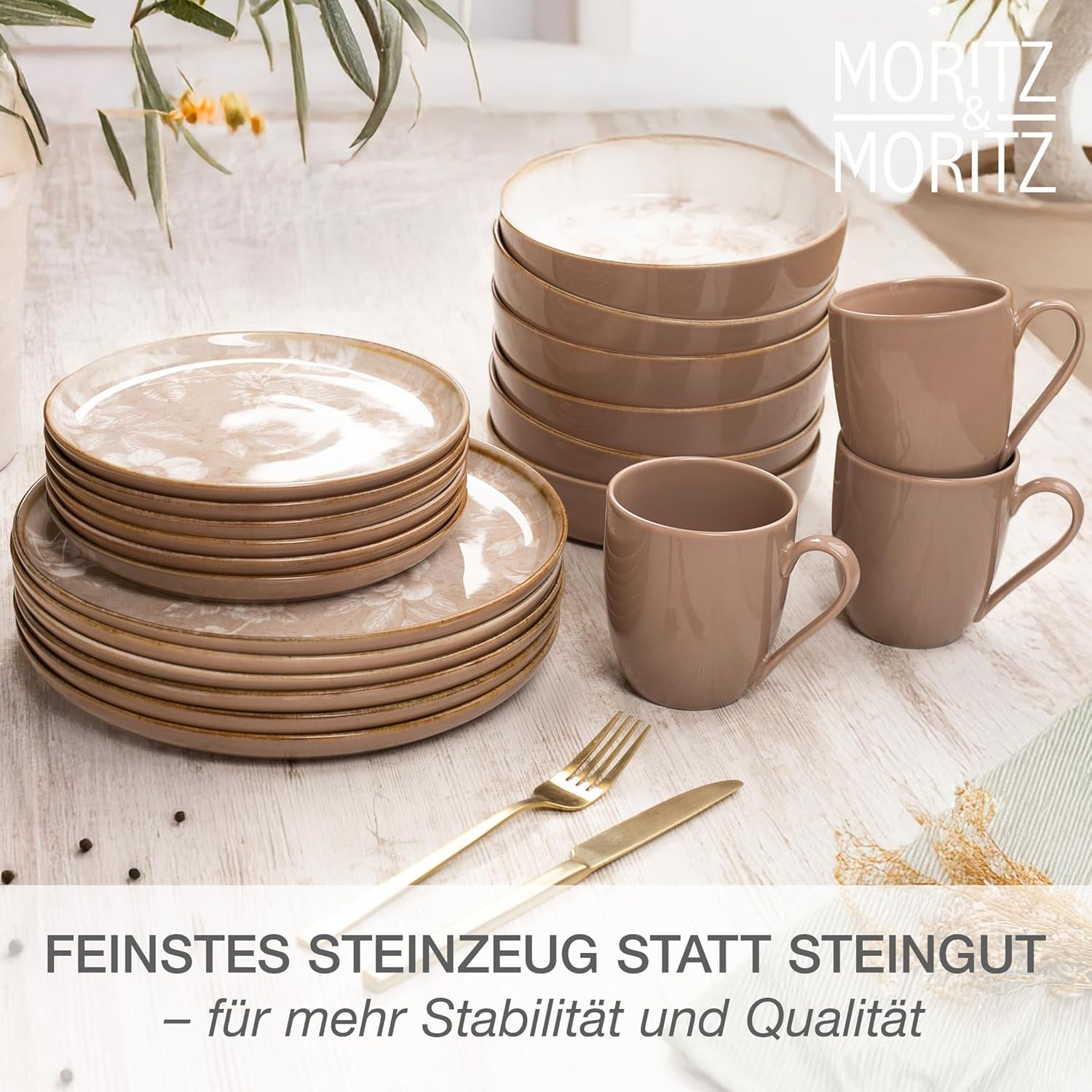 Set de veselă din gresie Moritz & Moritz MARIELLA pentru 6 persoane, 24 de piese - Veselă modernă bej cu un design jucăuș, serviciu de cafea ușor de întreținut cu farfurii, boluri și cești - Set combinat