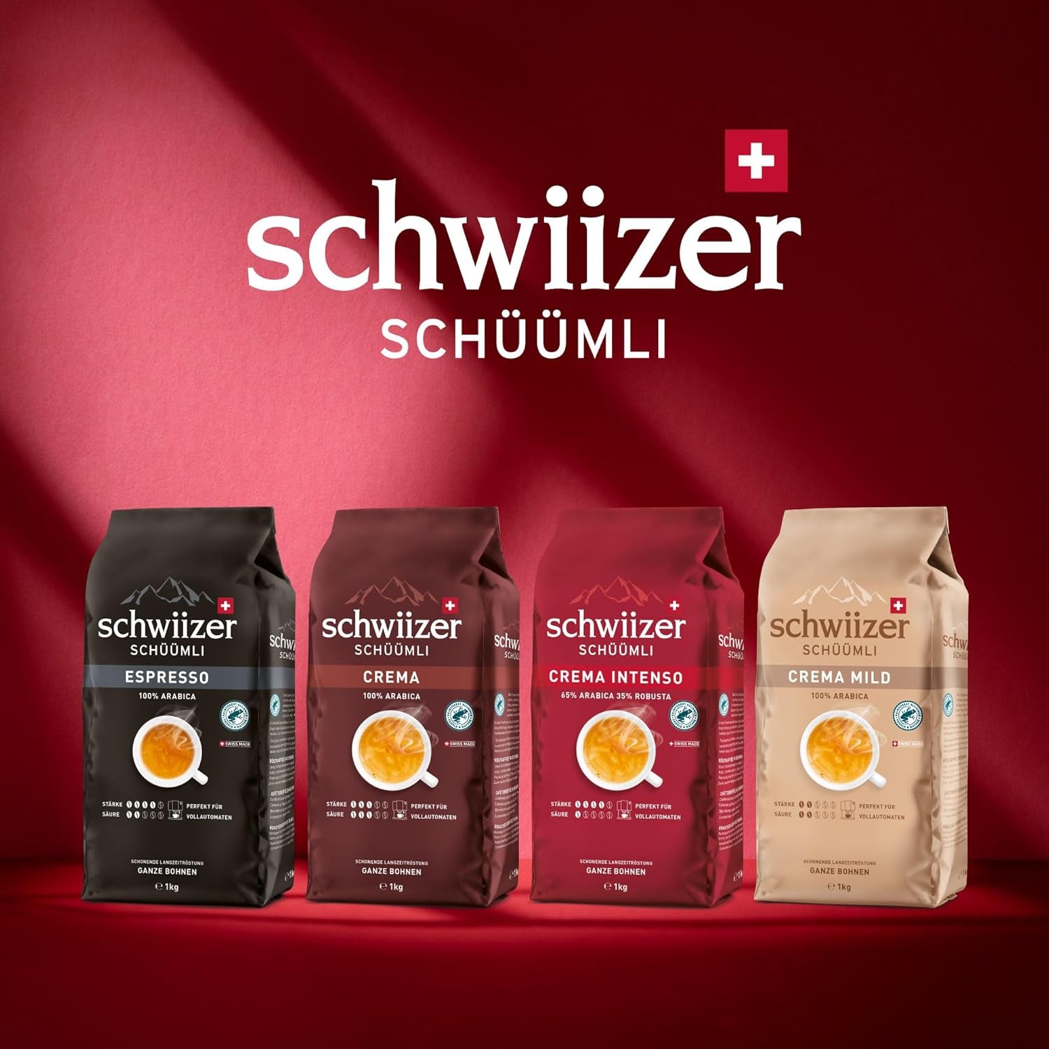 Schwiizer Schüümli Crema Mild, boabe de cafea Arabica 100% premium, fructate și cu aromă de nucă, pentru aparate de cafea complet automate, tărie 2/5, prăjire ușoară, certificat Rainforest Alliance, 1kg (pachet de 2)